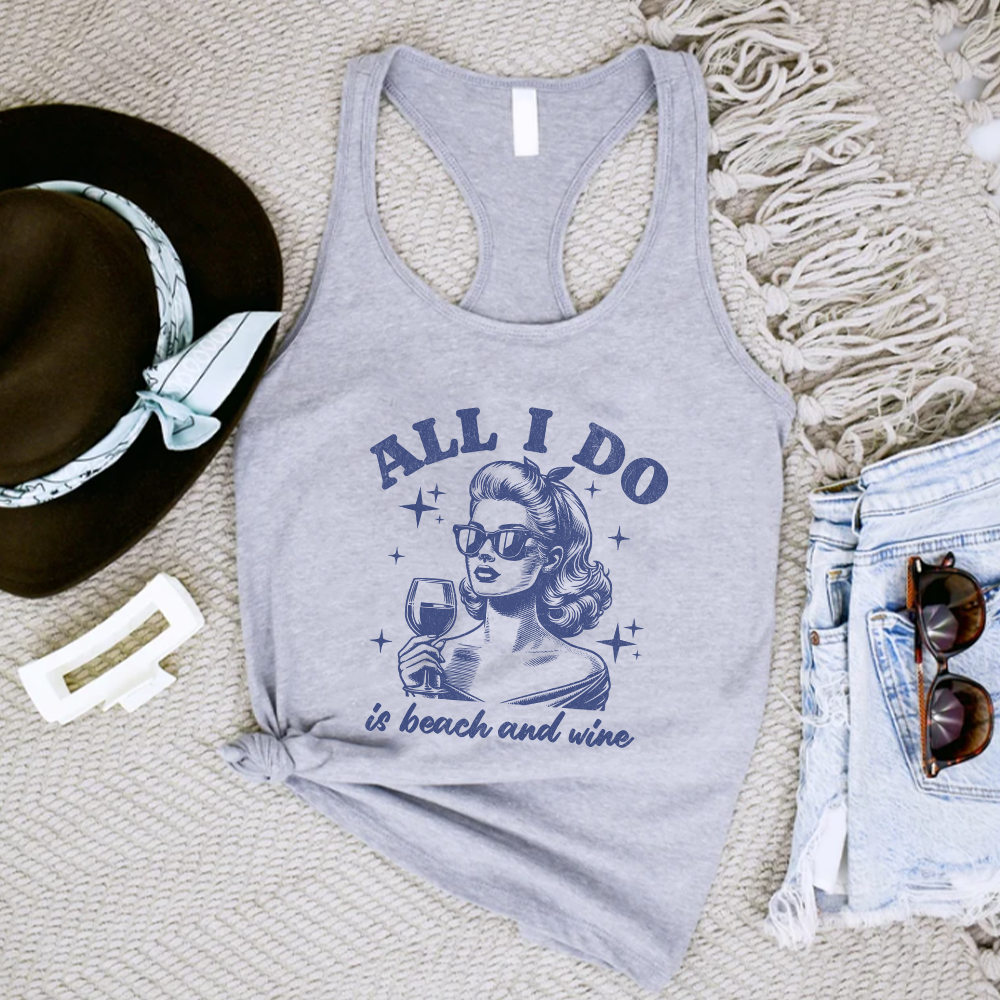 Vintage Beach & Wine Graphic Women's Tank Top - Casual Summer Sleeveless Shirt for Vacation, Pool Party & Wine Tasting