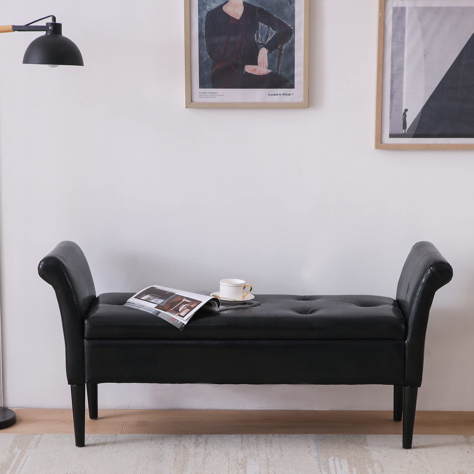 Awonde Black Faux Leather Storage Ottoman Bench with Arms - PU Upholstered Tufted Seat for Bedroom, Entryway & Living Room - Perfect for Extra Seating & Hidden Storage