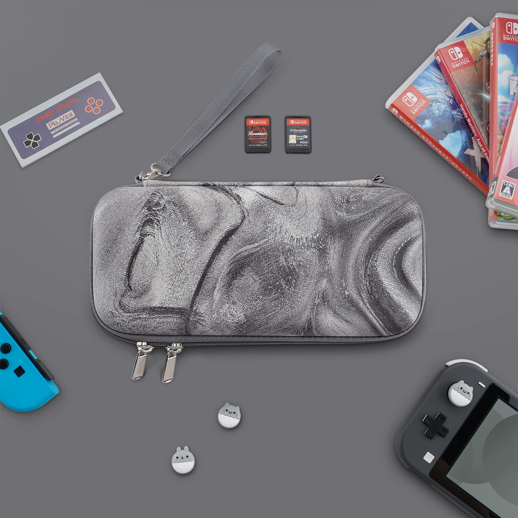 PlayVital Protective Carrying Case for Nintendo Switch Lite - Travel Storage Cover with Joystick Cap, 10 Game Card Slots & Swivel Wrist Strap (Silver) - Perfect for Gaming On-The-Go & Travel Protection