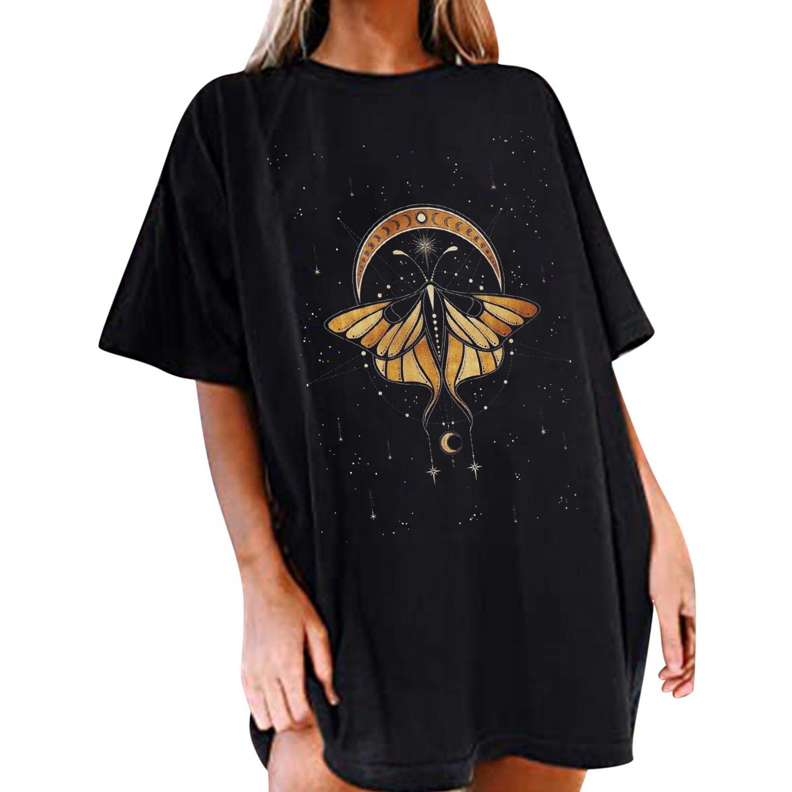 Women's Graphic Tee - Short Sleeve Crew Neck T-Shirt with Sun & Moon Print | Summer Fashion Top for Casual Wear, Beach Outings & Date Nights
