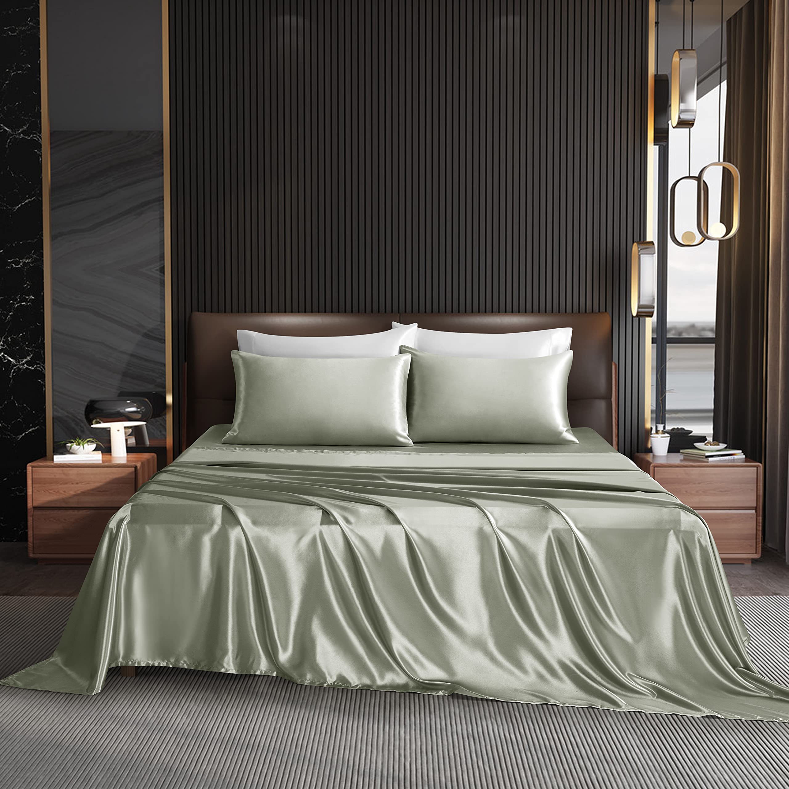 Luxury Satin King Size Sheet Set - 4 Piece Silky Soft Bedding with 1 Flat Sheet, 1 Deep Pocket Fitted Sheet & 2 Pillowcases (Dark Gray) - Perfect for Master Bedroom, Guest Room or Hotel Style Comfort