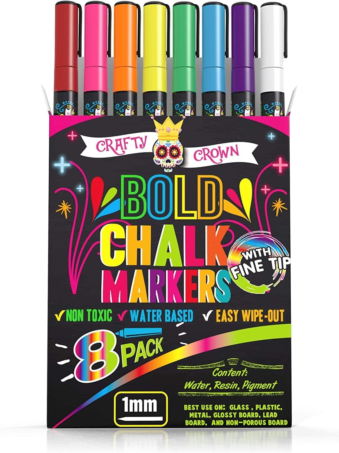 CHALKY CROWN Bold Liquid Chalk Markers - 8 Pack Multicolored Dry Erase Markers with Reversible Tip (1mm) for Chalkboards, Blackboards, Windows, Glass & Signs - Perfect for Restaurants, Classrooms, Retail Stores & DIY Projects
