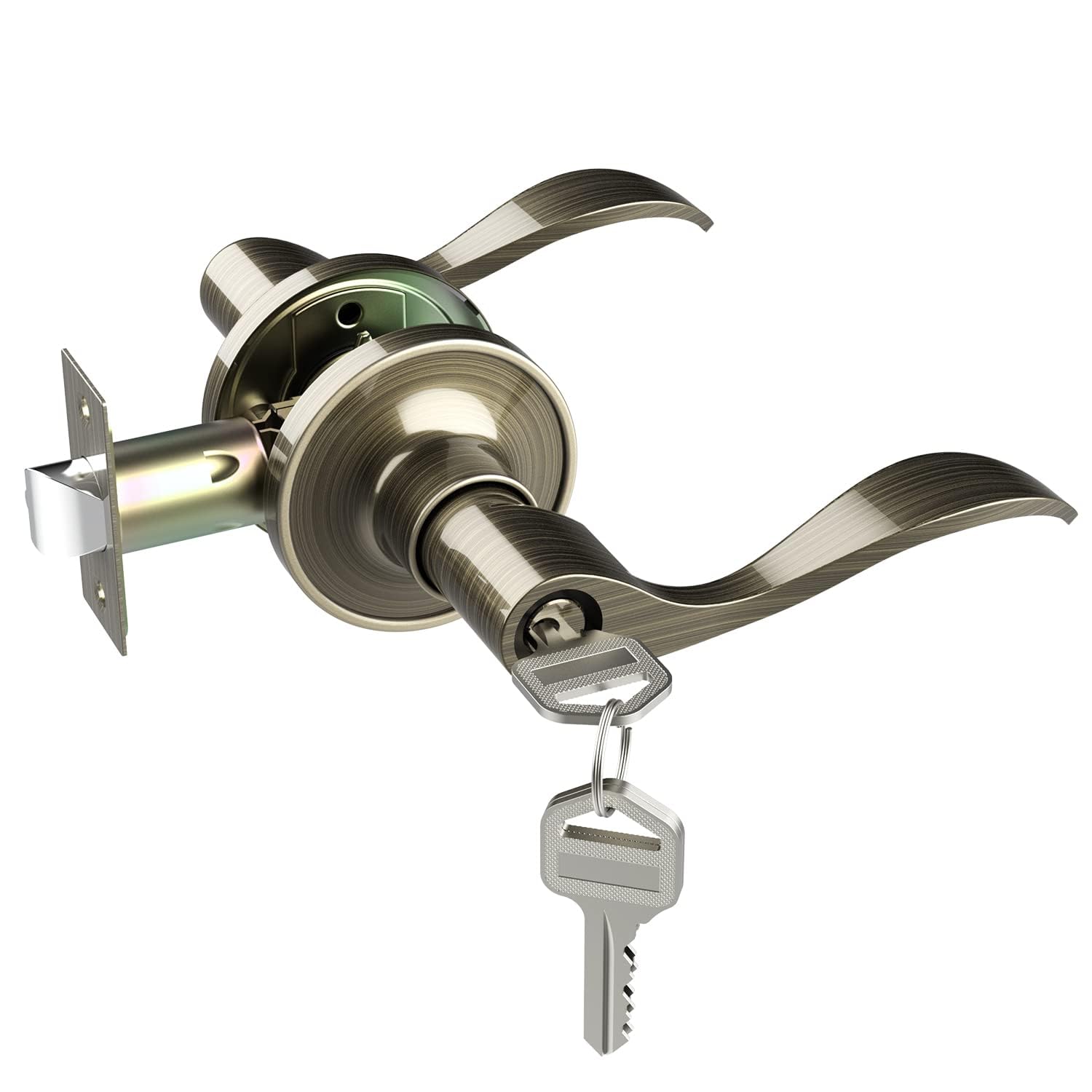 Ohuhu Antique Bronze Door Handle Set - Interior & Exterior Door Knob with Key, Wave Style Lever Lock for Bedroom, Bathroom Privacy (Zinc Alloy) - Perfect for Home Entryway, Office & Rental Property Security
