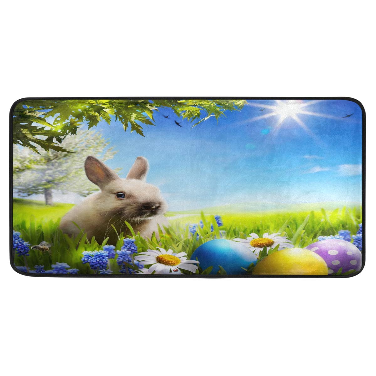 Non-Slip Easter Kitchen Mat with Colorful Eggs & Bunny Design - 39x20 Inch Spring Flower Bath Rug, Anti-Fatigue Floor Carpet for Home Decor (Perfect for Easter Decorations, Kitchen, Bathroom & Entryway)