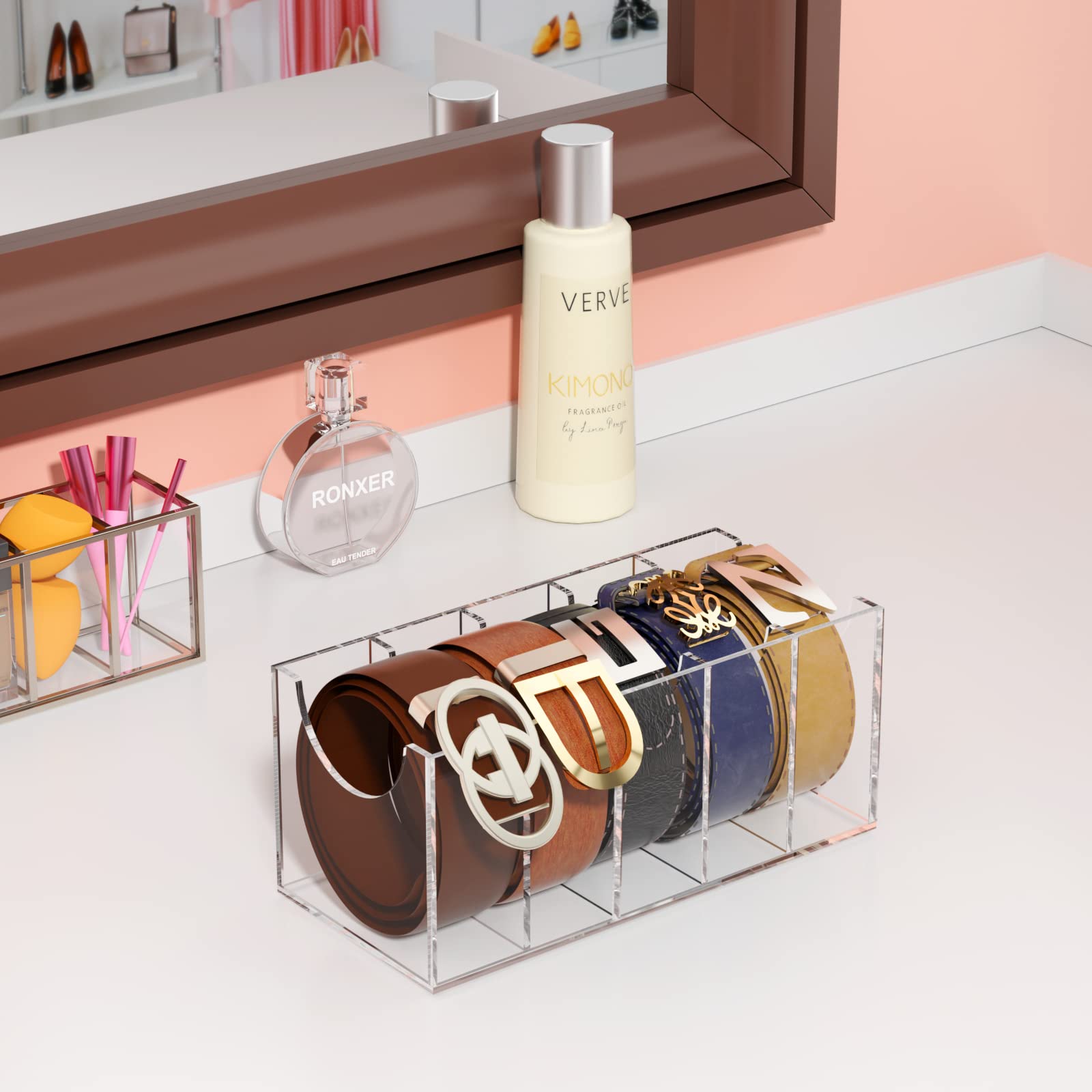 FEMELI Acrylic Belt Organizer - 5 Compartment Clear Storage Holder for Belts, Ties & Bow Ties | Closet & Wardrobe Organization Solution | Perfect for Home, Retail Stores & Travel Accessories