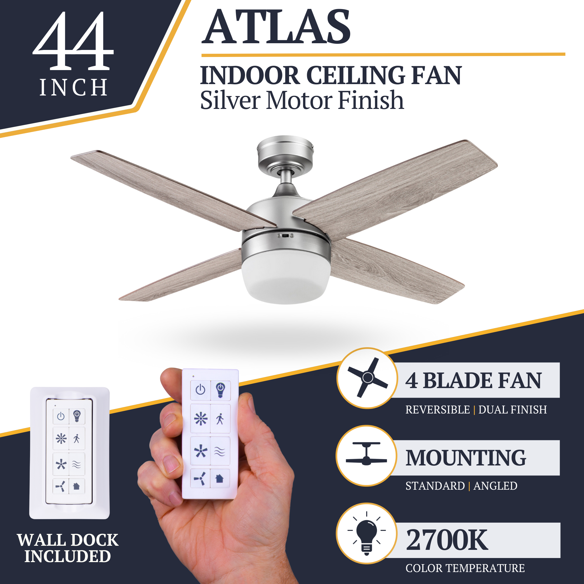 44 Inch Brushed Nickel Ceiling Fan with Remote Control - Modern Cooling for Living Room, Bedroom & Office