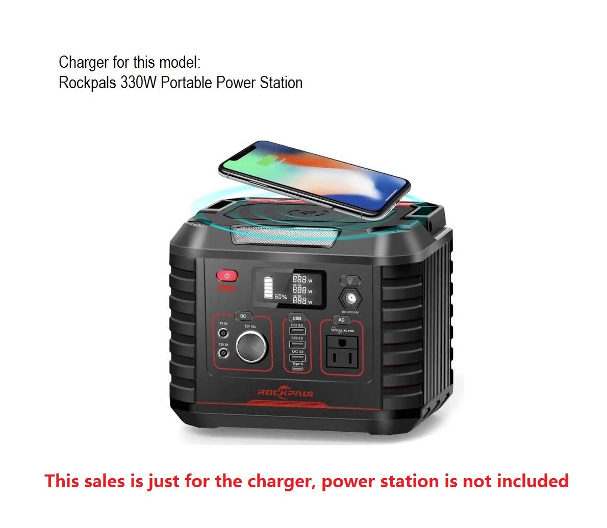 Rockpals 330W Portable Power Station Charger - Replacement AC Adapter for Outdoor Camping, RV Trips & Emergency Power Backup