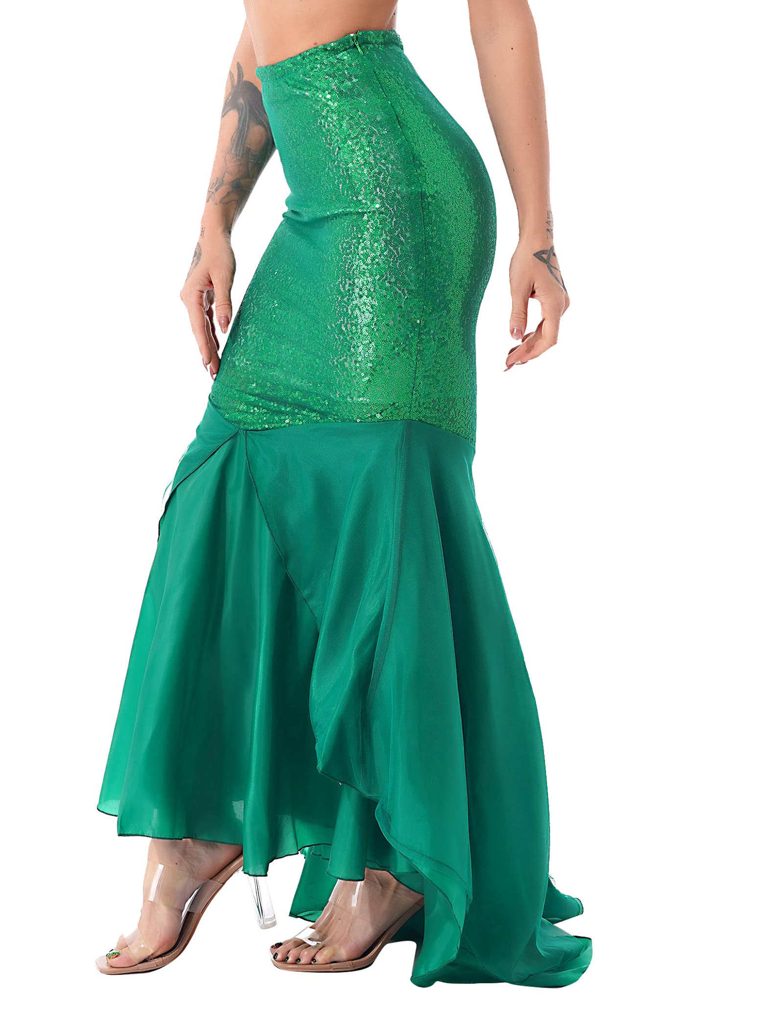 Women's Green Mermaid Tail Halloween Costume - Sequin Princess Maxi Skirt with Asymmetric Hemline for Cosplay, Party & Dress Up | Perfect for Halloween, Themed Parties & Costume Events