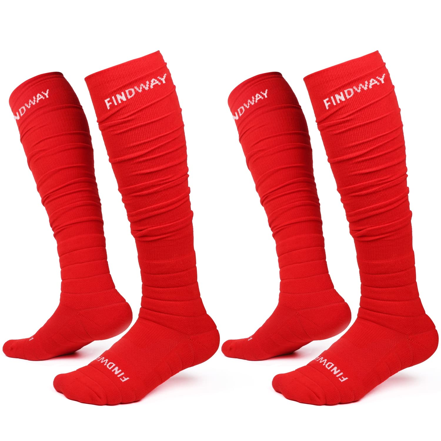 Findway Scrunch Football Socks - 2 Pairs Extra Long Padded Soccer Socks for Men & Boys | Compression Athletic Socks for Soccer, Running & Sports Performance