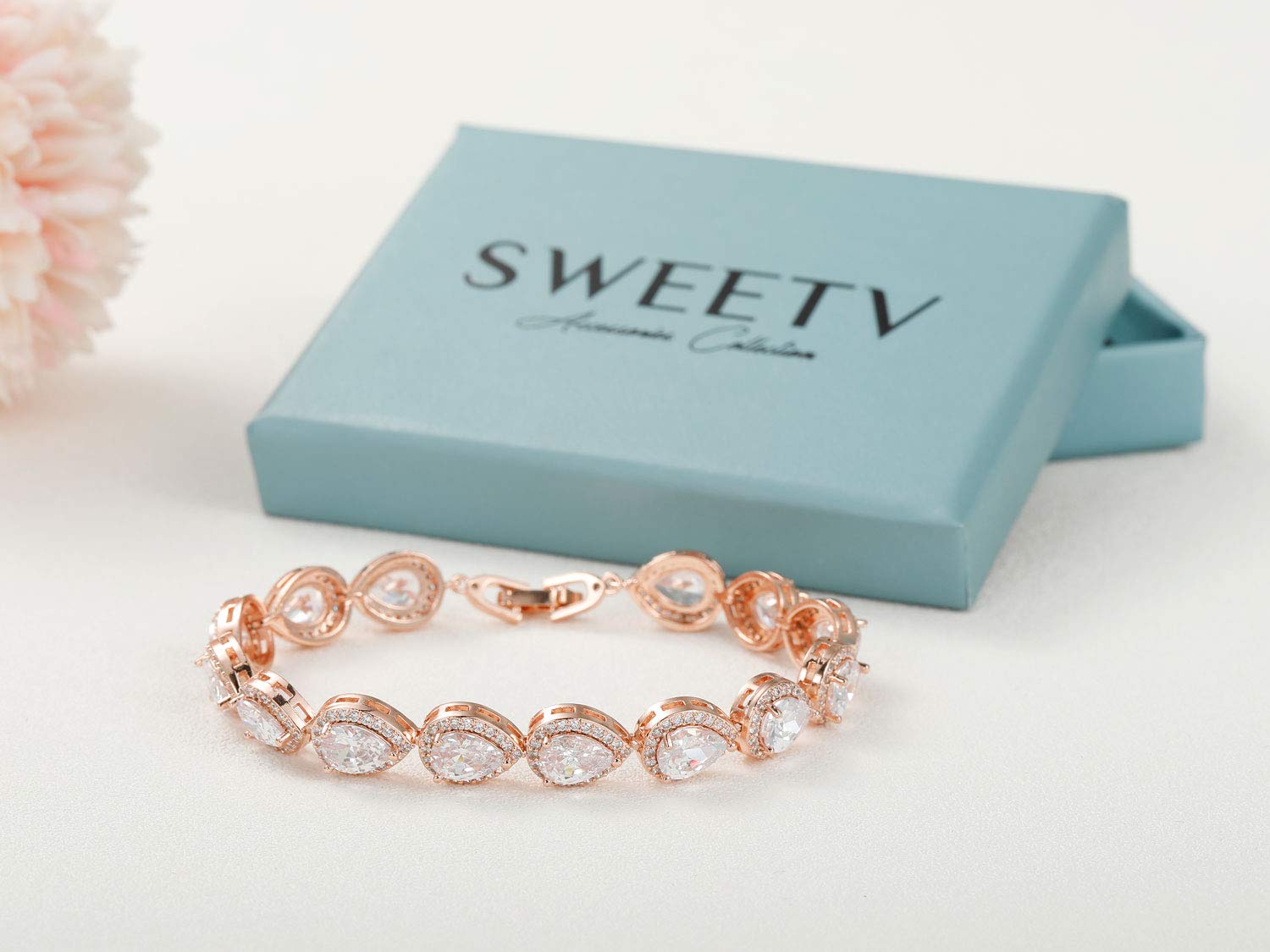 SWEETV Teardrop Wedding Bracelet for Women - Crystal Rhinestone Cubic Zirconia Tennis Bracelet - Elegant Bridal Jewelry for Wedding, Prom, Anniversary & Special Occasions