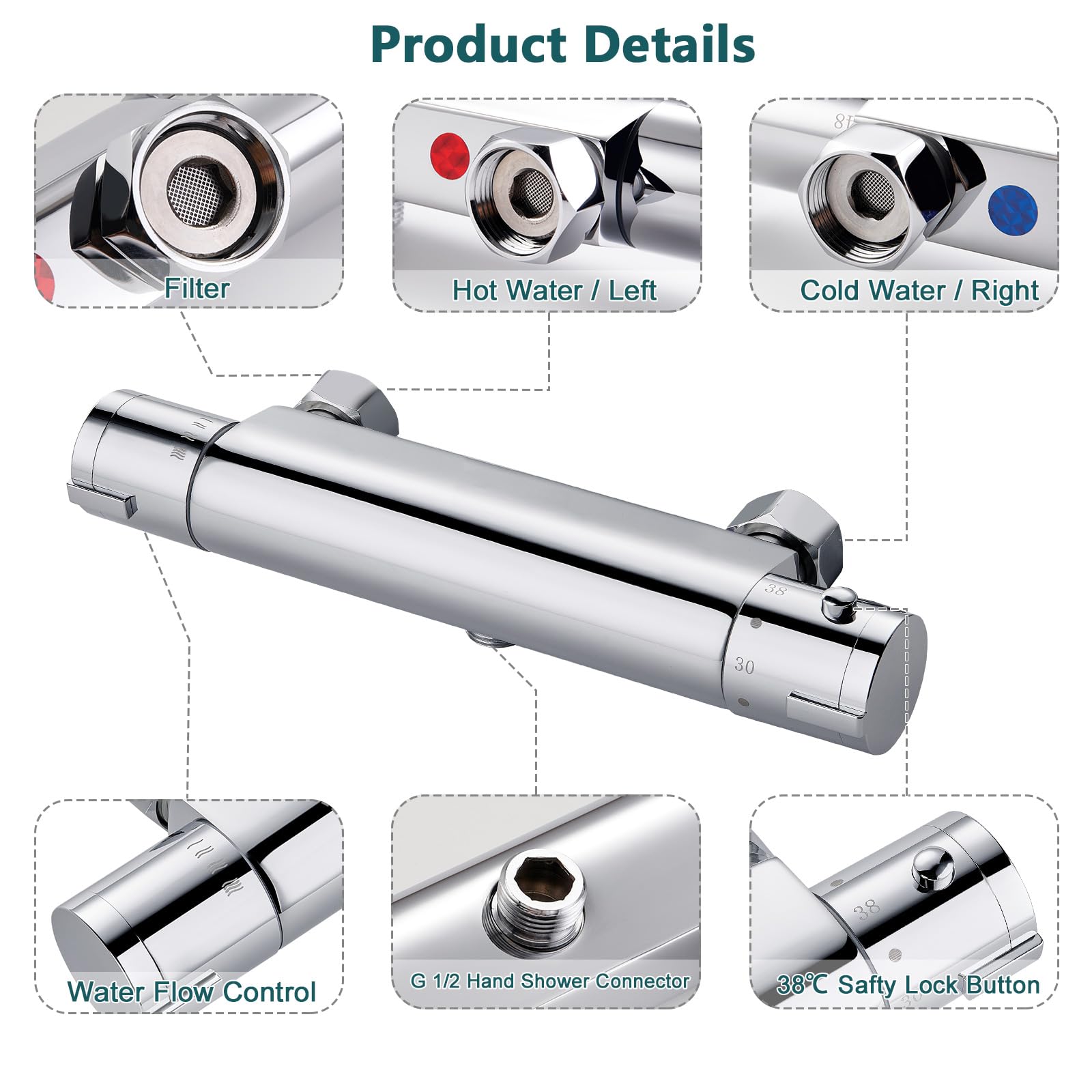 BONADE Thermostatic Shower Mixer Tap with 38°C Safety Button - Chrome Surface-Mounted Bathroom Shower Mixer for Tub & Round Shower - Perfect for Modern Bathrooms & Spa-Like Showers