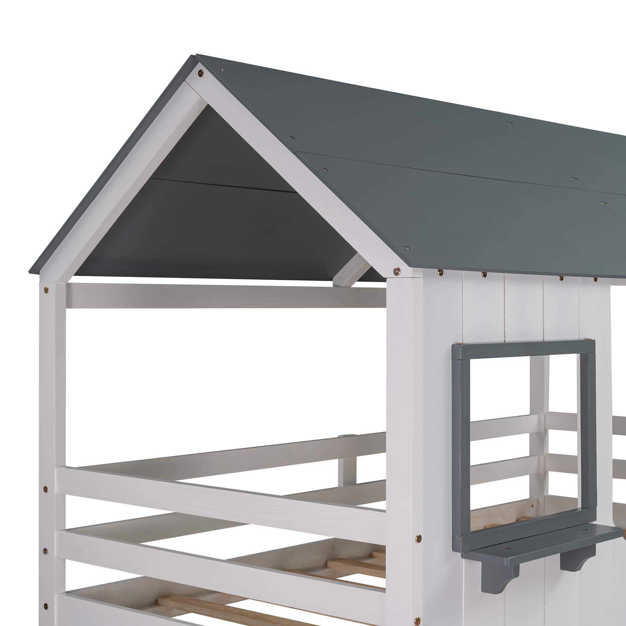 Kids Twin Over Twin Wood Bunk Bed with Roof, Window, Guardrail & Ladder - House-Shaped Loft Bed for Toddlers, Boys & Girls (White) | Perfect for Small Bedrooms, Playrooms & Sleepovers