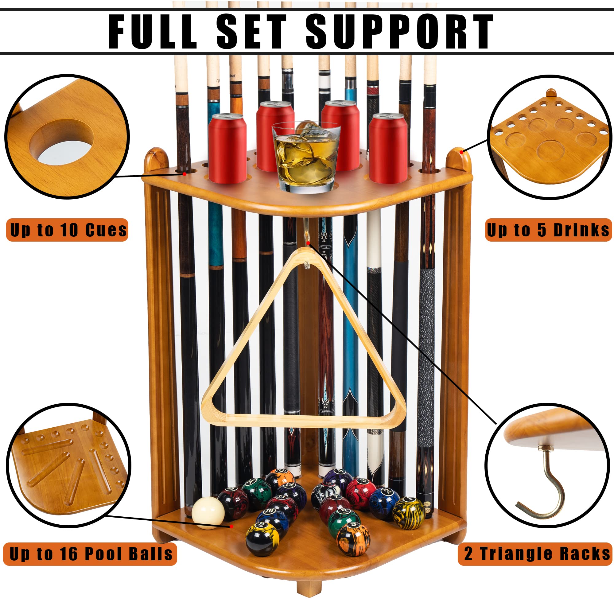 Premium 10-Cue Solid Oak Wood Billiard Pool Cue Rack Floor Stand - Heavy Duty Pool Table Accessories for Home Game Rooms & Bars