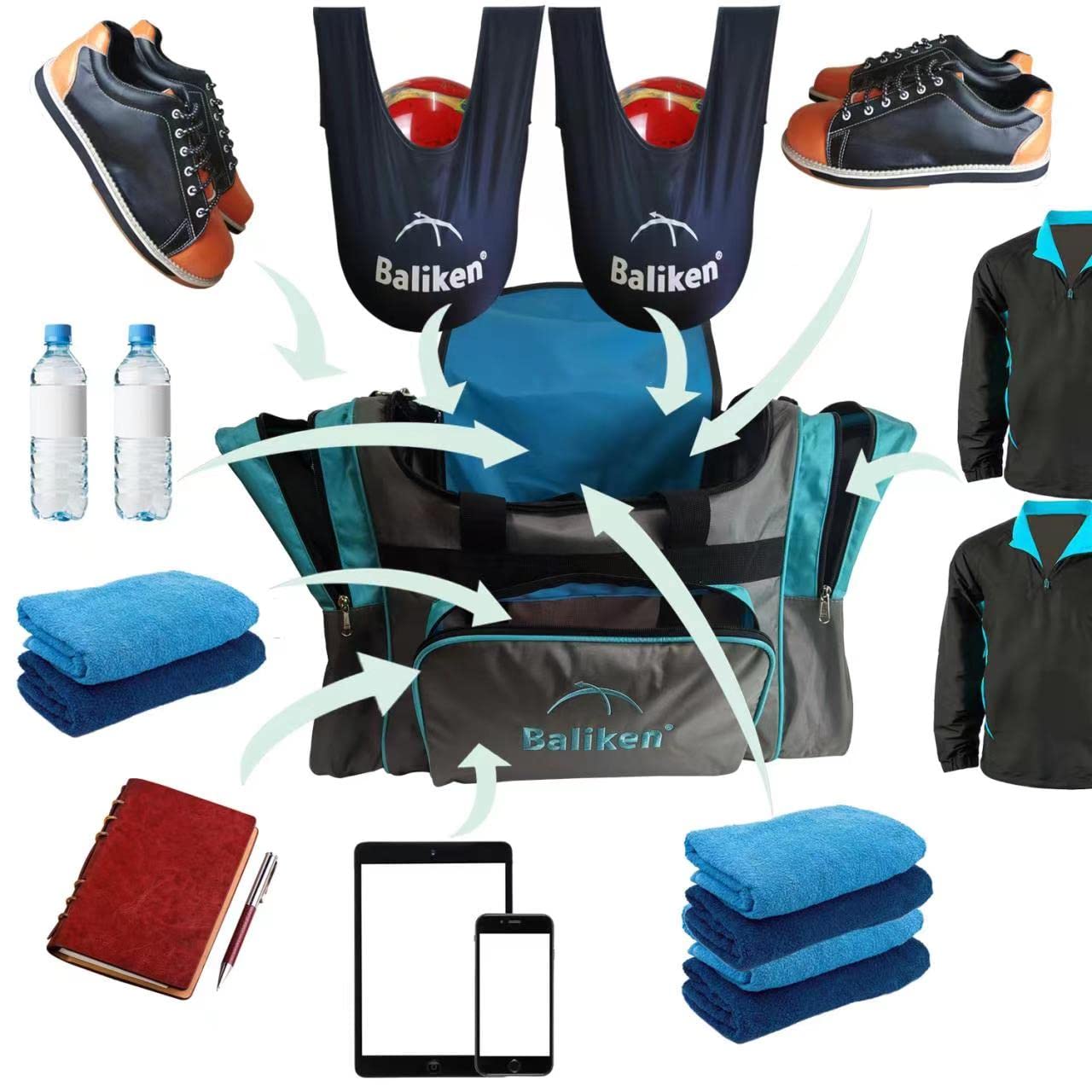 BALIKEN Double Tote Bowling Bag for 2 Balls & Shoes - Mens Size 16 & 13 - Perfect for League Play & Practice