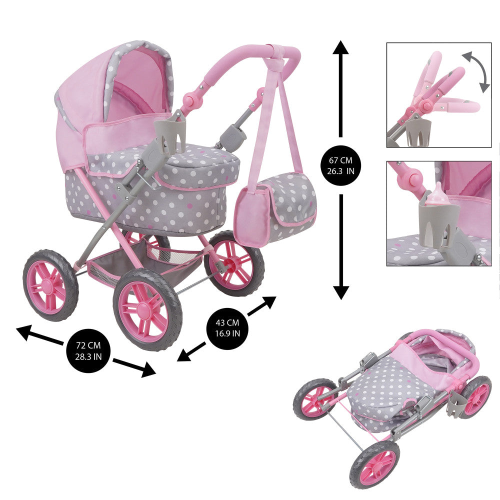 509 Crew Amanda Doll Pram in Cotton Candy Pink with Polka Dots - Baby Stroller for Dolls, Perfect for Pretend Play, Outdoor Walks & Tea Parties - Ideal Gift for Toddlers & Kids