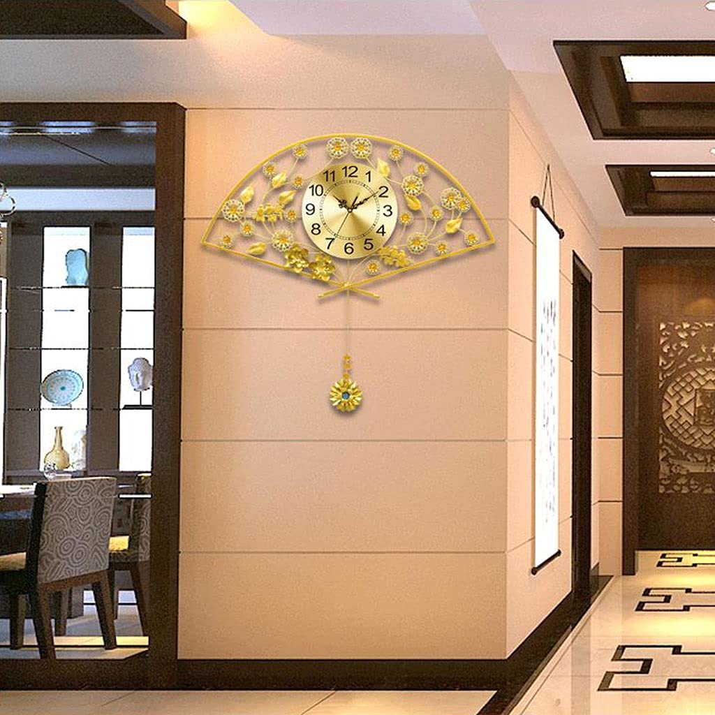 TOMYEUS Golden Fan-Shaped Wall Clock with Silent Pendulum - Elegant Decorative Wall Clock for Kitchen, Living Room, Bedroom | Perfect Home & Office Decor, Gift Idea
