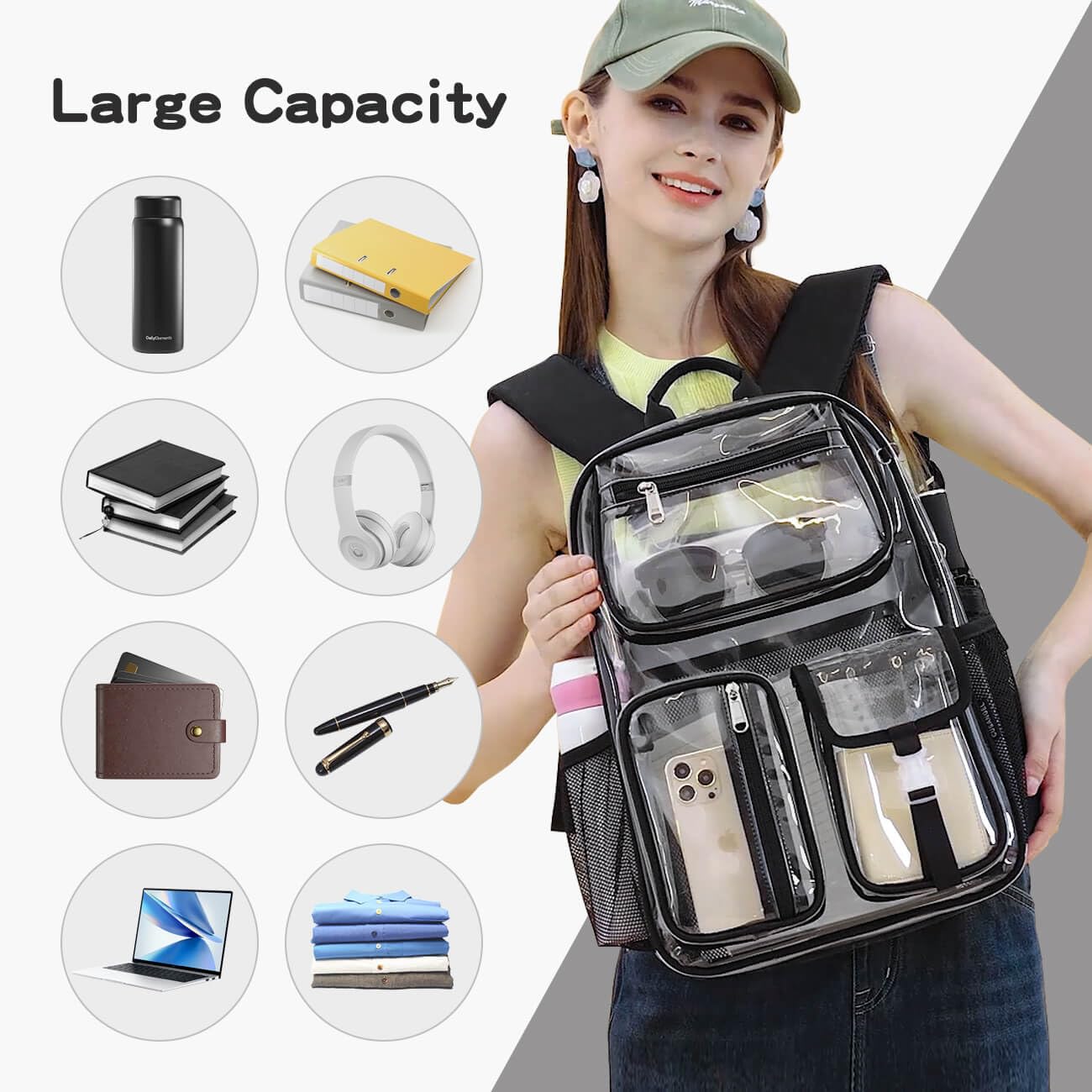 Heavy Duty Clear Backpack - 16 x 11 x 5 Inch TPU Large Capacity See Through Bookbag for Sports Events, Concerts, Travel & School - Waterproof & Durable (Black)