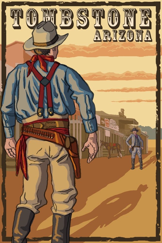 Tombstone Arizona Cowboy Standoff Metal Wall Art - 16x24 Gallery Quality Aluminum Decor for Western Home & Office Decor