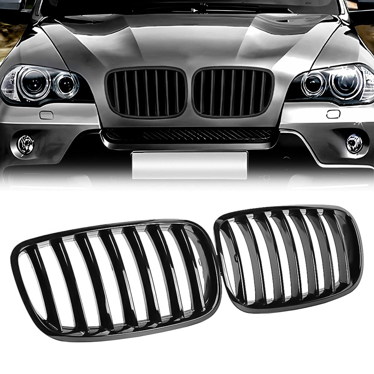 Gloss Black Front Grill Replacement for BMW X5 E70 (2007-2013) & X6 E71 (2008-2014) - Mesh Single Slat Kidney Grille with Side Fender - Perfect Upgrade for Enhanced Style & Protection