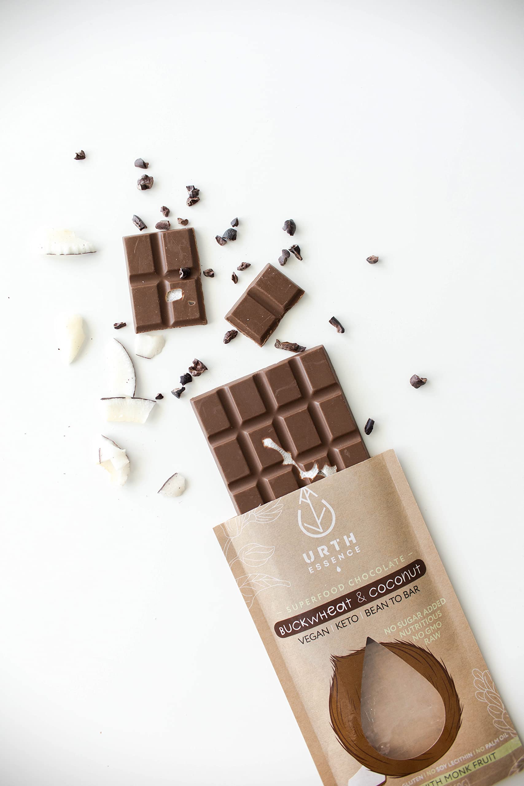 Organic Vegan Chocolate Bars - Sugar Free, Keto Friendly, Dairy Free & Gluten Free Healthy Snacks | Urth Essence Keto Chocolate with Coconut Buckwheat | Perfect for Vegan Gifts, Low-Carb Diet & Healthy Lifestyle