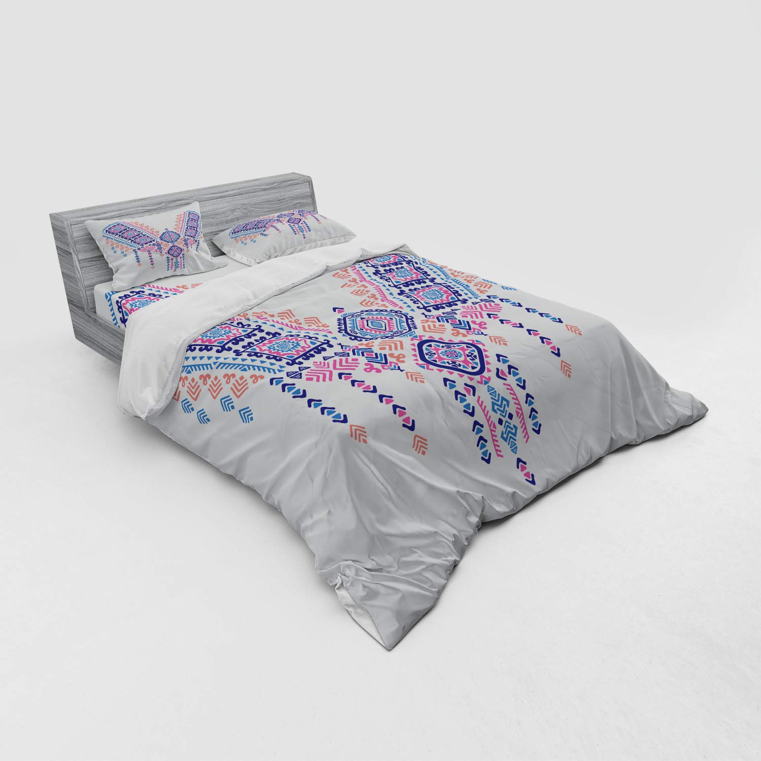 Ambesonne Tribal Duvet Cover Set - Queen Size 4-Piece Bohemian Bedding with Geometric Aztec Print, Coral Pink & Blue - Perfect for Bohemian & Retro Bedroom Decor