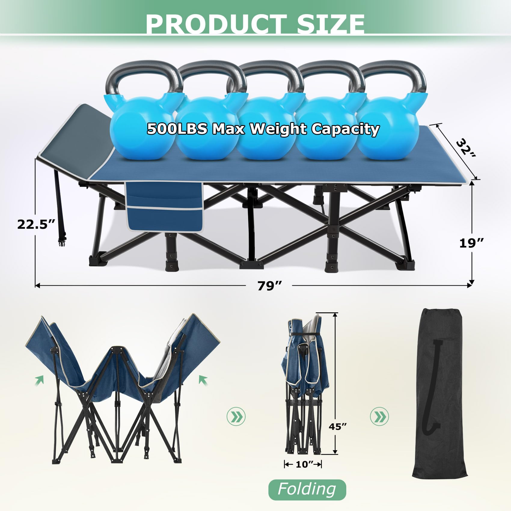 XXL Heavy Duty 32In Folding Camping Cot for Adults - 1200D Double Layer Oxford Fabric with Pillow & Carry Bag - Portable Sleeping Bed for Outdoor Camping, Home, Office & Travel Use