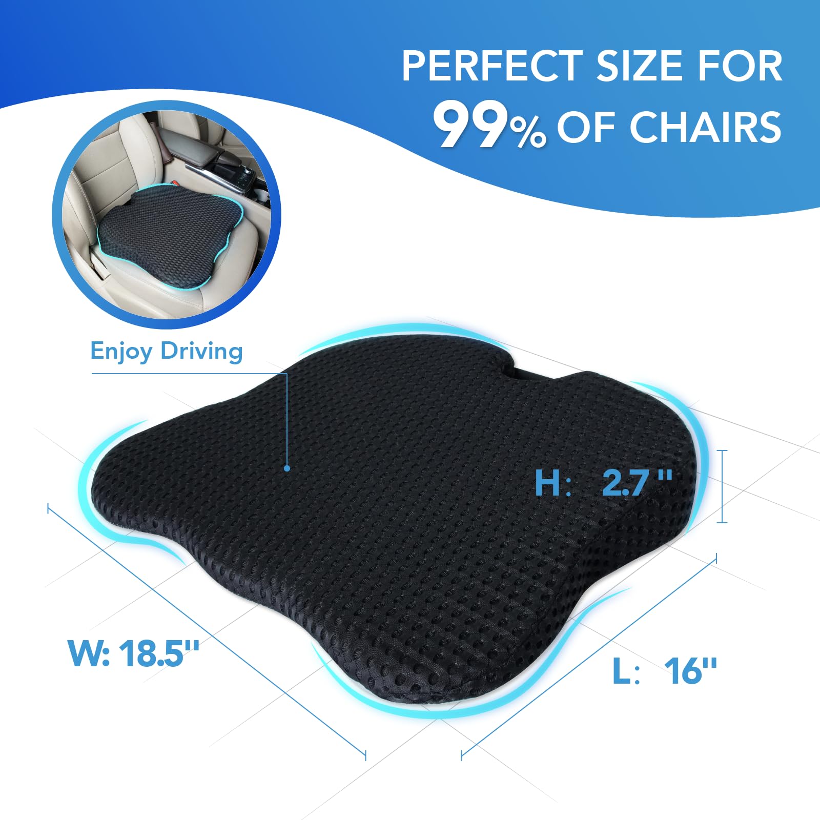 Premium Memory Foam Car Seat Cushion for Long Drives - Ergonomic Back & Hip Support - Universal Fit for Cars, Trucks & Office Chairs (Black) | Perfect for Commuting, Road Trips & Work Comfort
