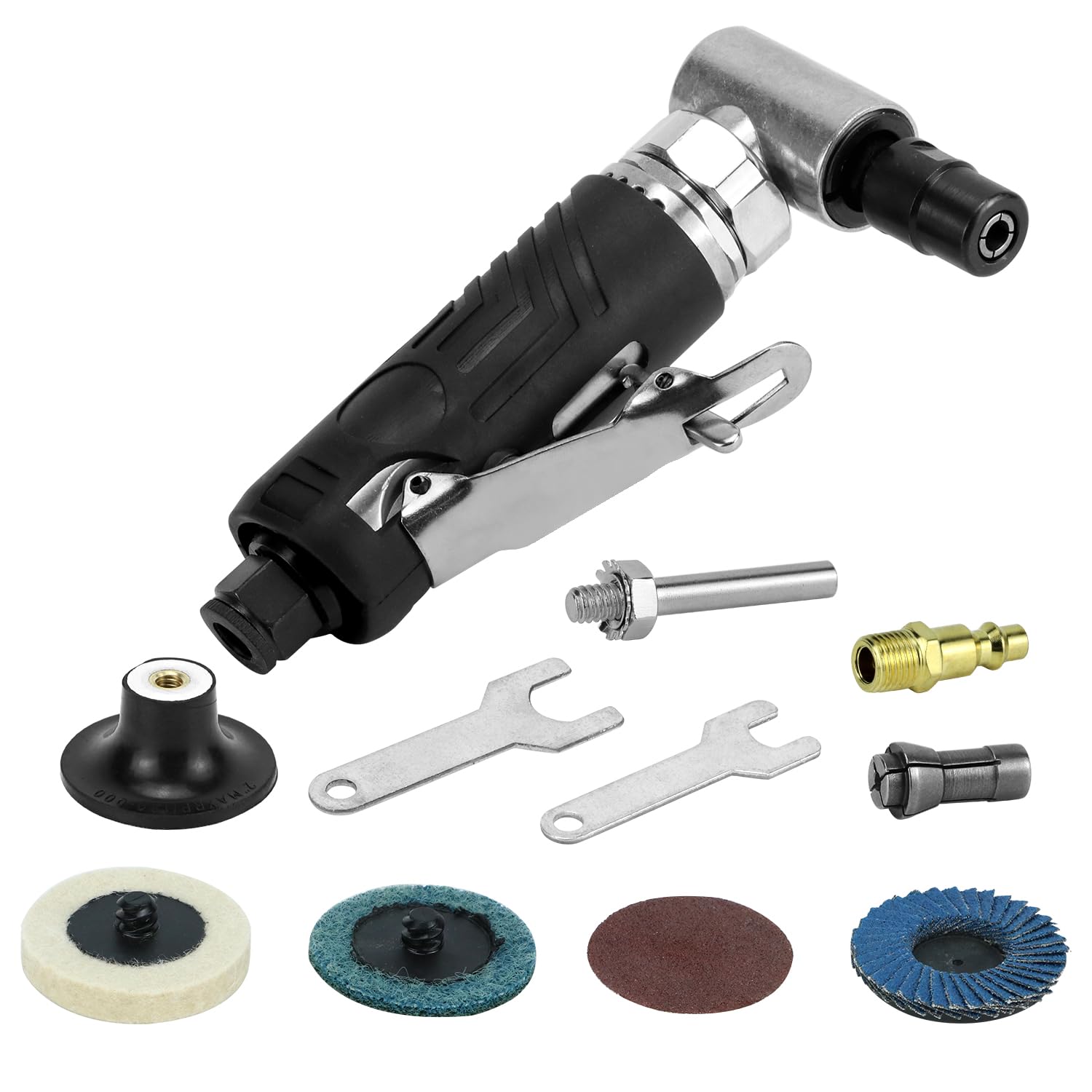 QWORK 90 Degree Mini Air Angle Die Grinder - Professional Compressed Air Tool Kit with 4 Sanding Discs for Metal Polishing, Wood Sanding & Automotive Repair | Perfect for DIY Projects & Workshop Use