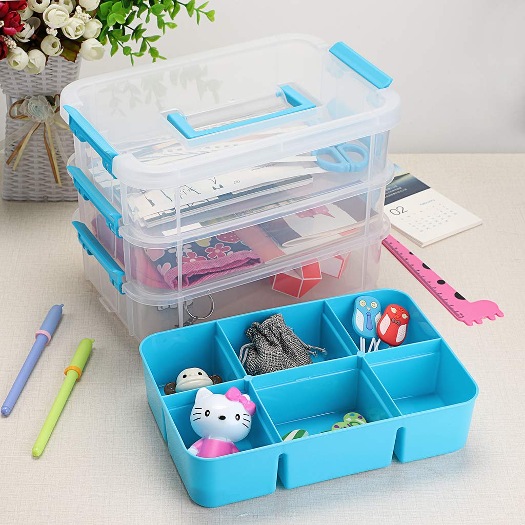 BTSKY 3-Tier Stackable Storage Box with Removable Tray - Portable Plastic Organizer for Sewing, Craft Supplies, Art Materials & Home Organization - Perfect for Craft Rooms, Closets & DIY Projects (Blue)