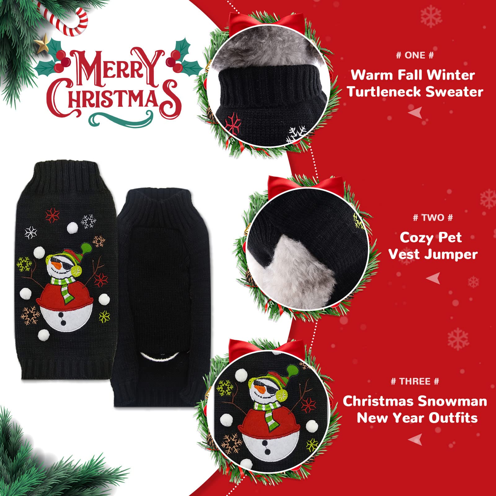PETCARE Black Snowman Christmas Dog Sweater - Festive Ugly Holiday Pullover Vest for Small & Medium Dogs & Cats - Cozy Winter Pet Costume for Xmas, New Year & Fall Celebrations - Perfect for Holiday Photos & Indoor/Outdoor Winter Wear