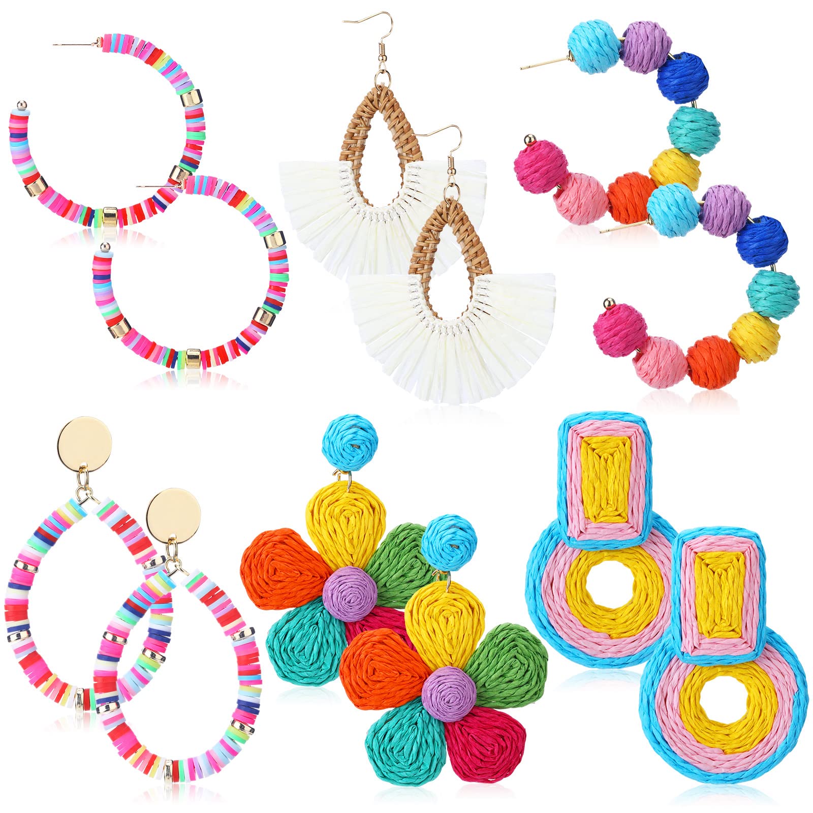 Kigeli 6 Pairs Boho Rattan Earrings for Women - Colorful Beaded Tassel Dangle Hoop Earrings, Handmade Summer Raffia Heishi Drop Statement Jewelry - Perfect for Beach Vacations, Music Festivals & Boho Fashion Outfits
