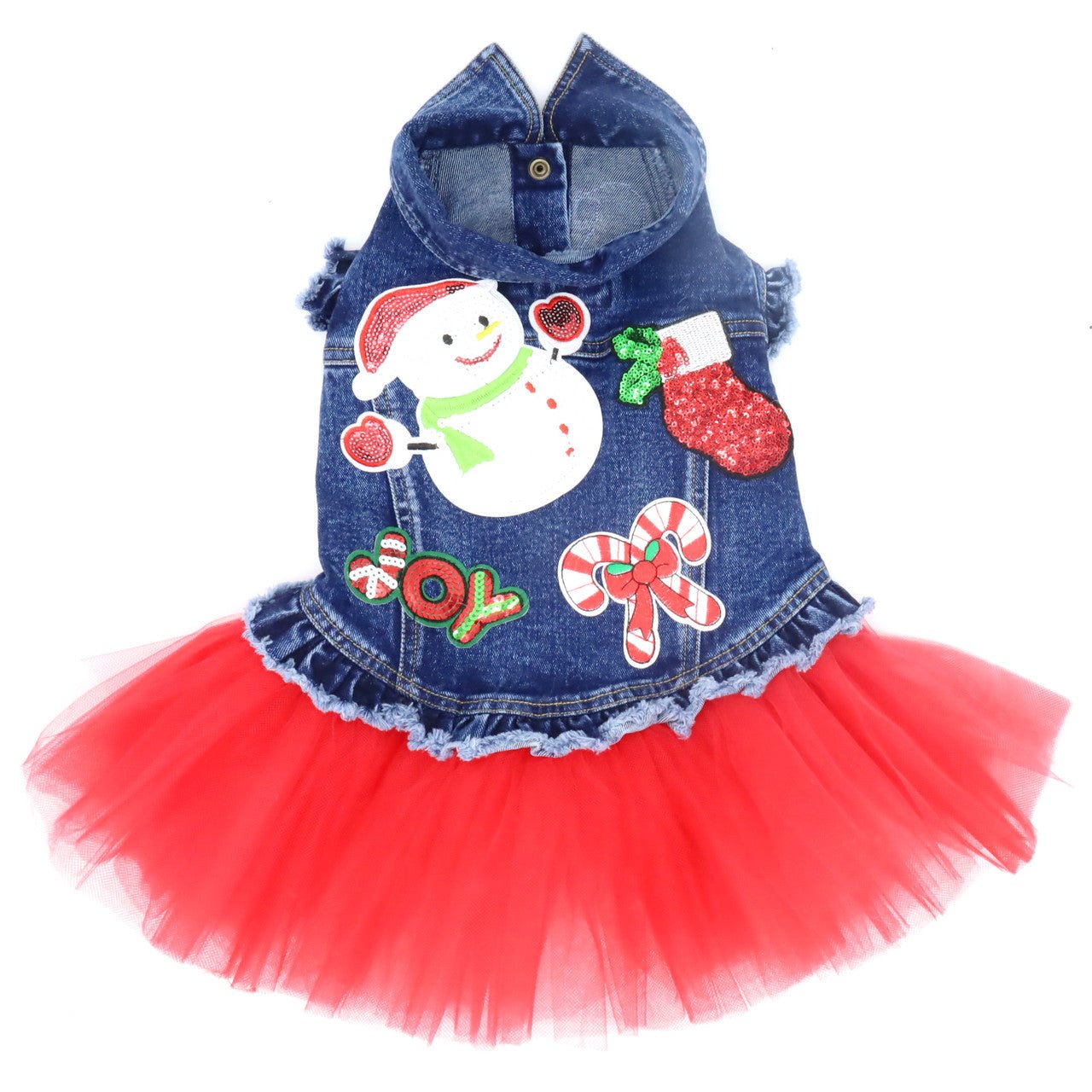 Festive Christmas Denim Dog Jacket with Tutu Skirt - Holiday Pet Costume for Small & Medium Dogs - Perfect for Christmas Photos & Party Outfits