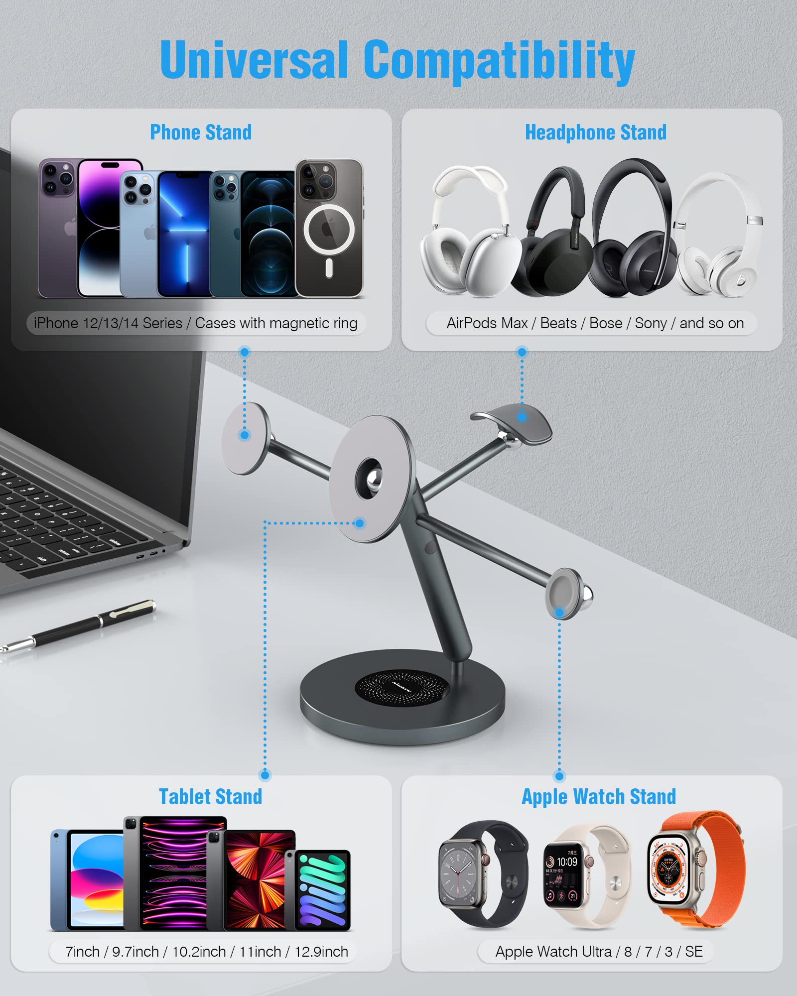 Nillkin 4-in-1 Magnetic Tablet Stand with MagSafe Ring - 360° Rotating Aluminum Phone Stand for iPhone, iPad, Apple Watch & AirPods (5-13 Inch) - Perfect for Desk, Office, Home & Travel Use