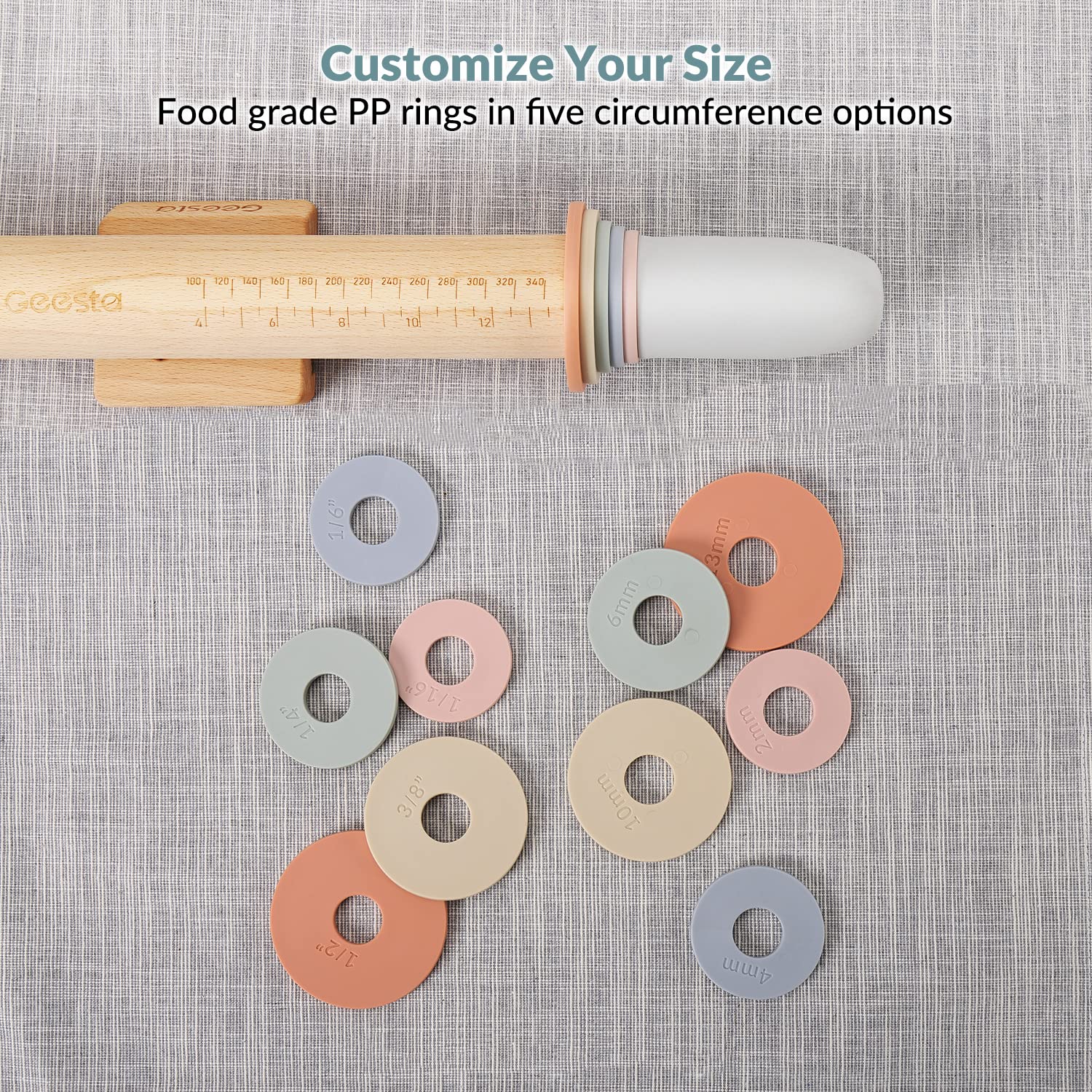 Geesta Adjustable Wood Rolling Pin with 5 Thickness Rings - Precise Dough Roller Handle Press with Measurement Guide for Baking Fondant, Pizza, Pie Crust, Cookies & Pastry | Perfect for Home Bakers, Professional Chefs & Cake Decorating Enthusiasts