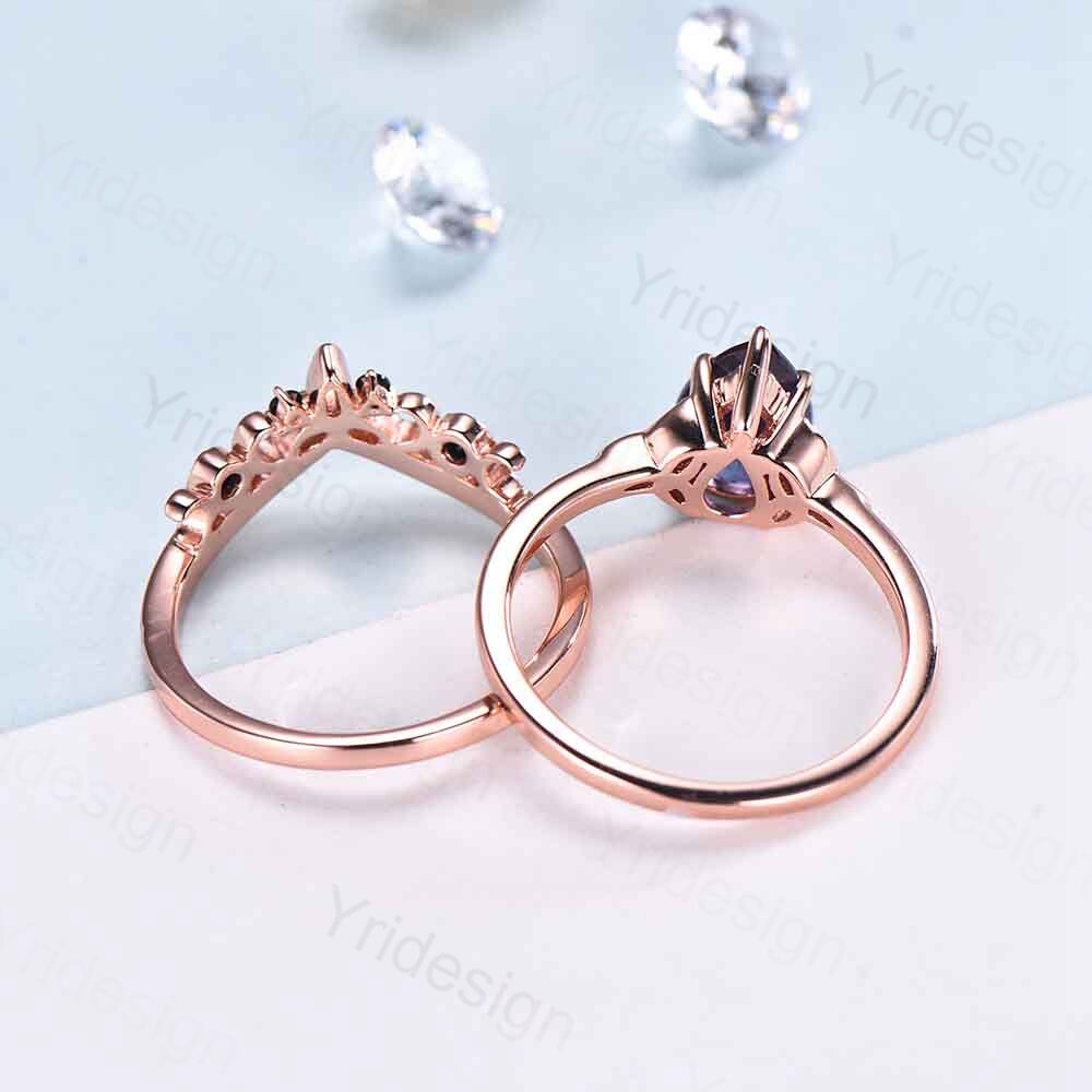 Celtic Knot Norse Viking Alexandrite Engagement Ring Set - Unique Pear Alexandrite Wedding Ring with Curved Black Spinel Matching Band Bridal Jewelry | Perfect for Celtic Weddings, Viking-Themed Proposals & Anniversary Gifts
