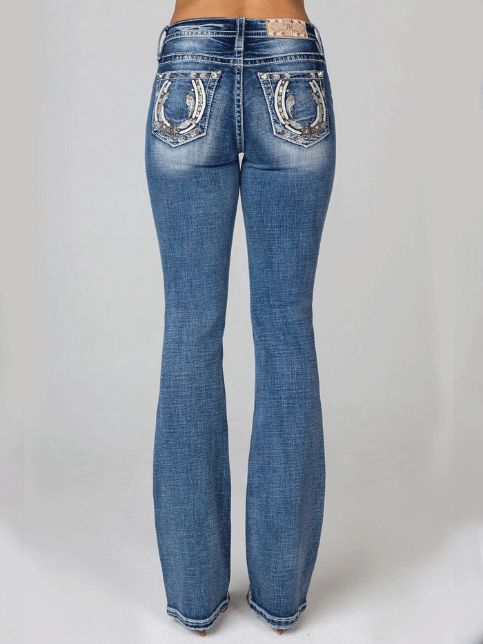 Miss Me M9198B Women's Horseshoe Mid Rise Bootcut Jeans in Dark Blue - Perfect for Casual Wear, Western Style Outfits & Everyday Comfort