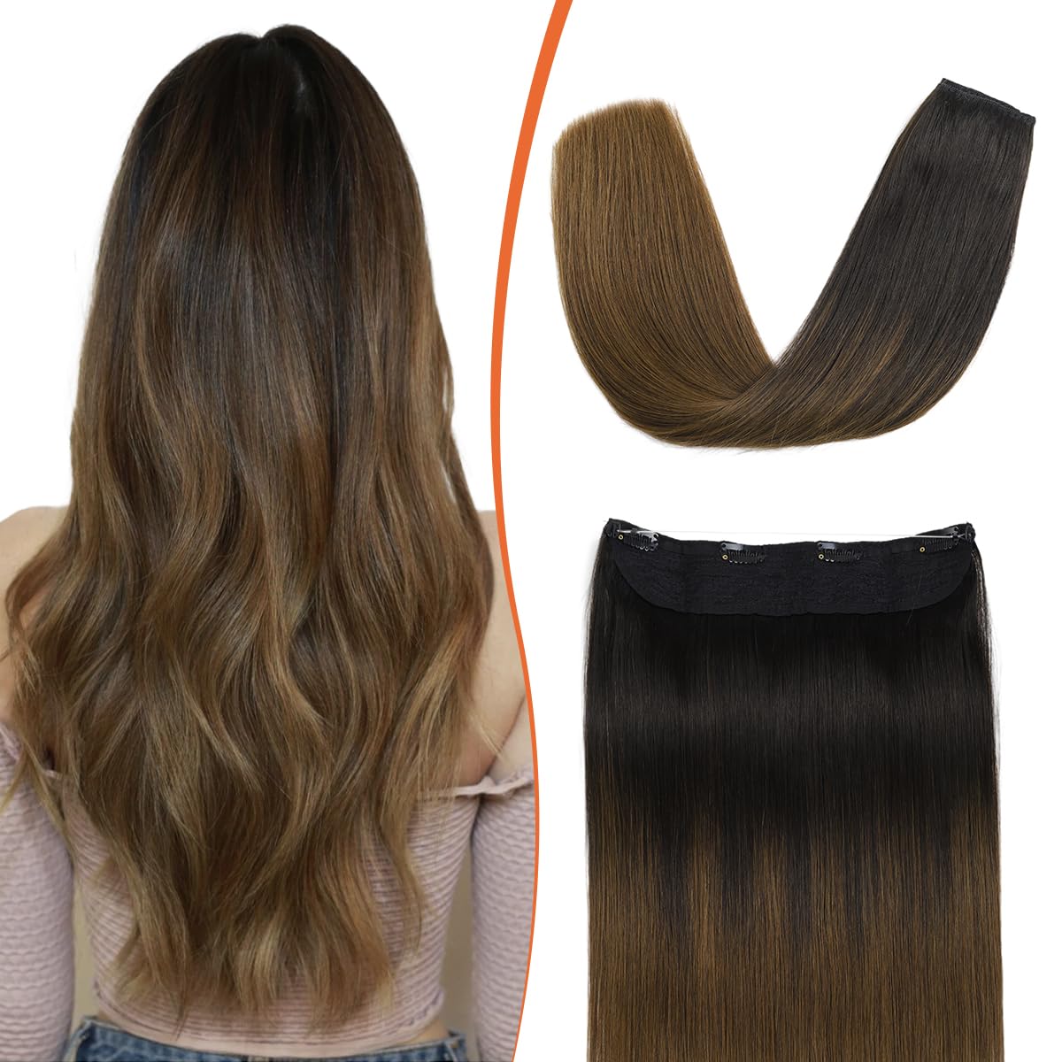 XDhair Invisible Wire Hair Extensions 16Inch 70g - Real Human Hair Ombre Black to Brown (#1B/4) for Women | Seamless Blending, Natural Look for Parties & Daily Styling