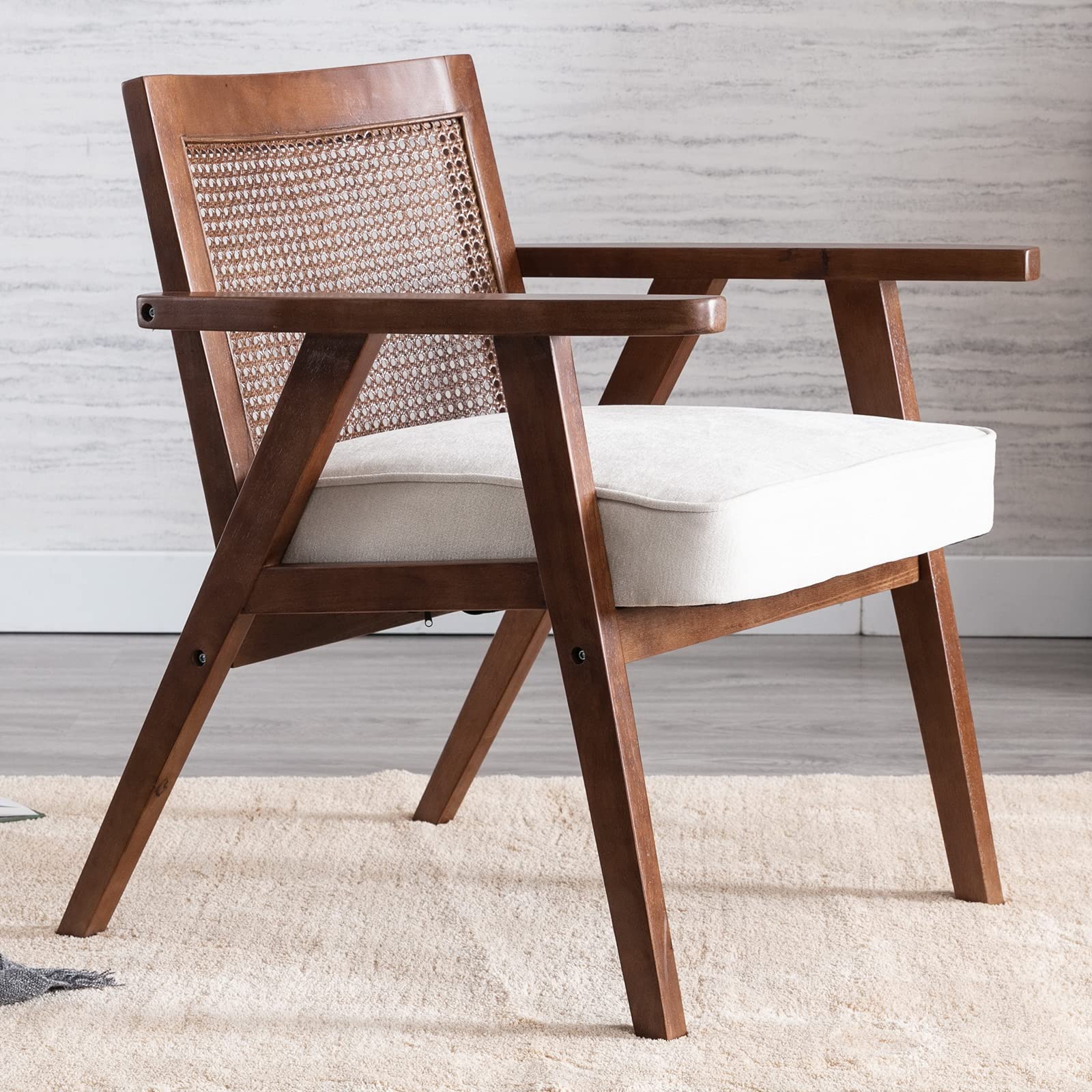 Modern Walnut Solid Wood Cane Back Accent Arm Chair - Beige Upholstered Living Room Seating for Home, Office, or Lounge Decor