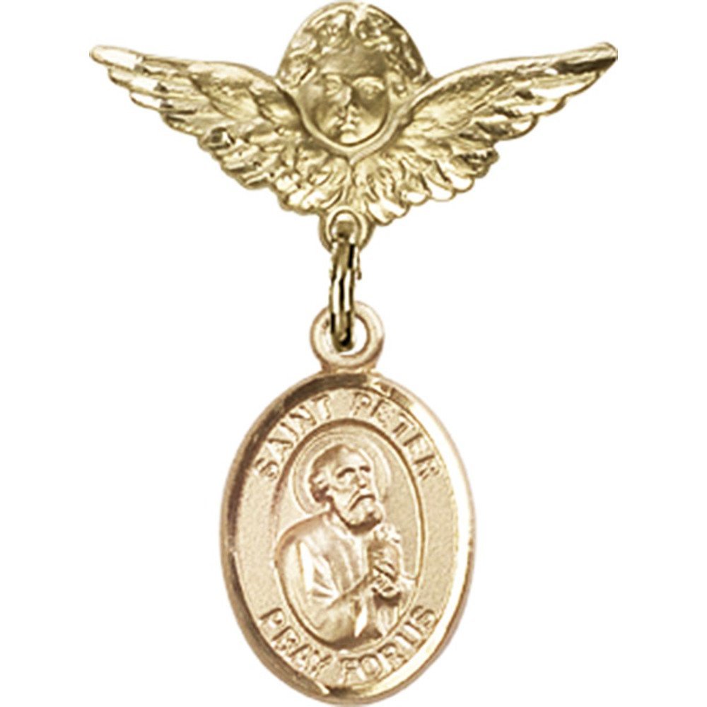 St. Peter The Apostle Gold Filled Baby Badge Pin with Angel Wings Charm - 1 X 3/4 Inch Religious Jewelry for Christening, Baptism & First Communion Gifts