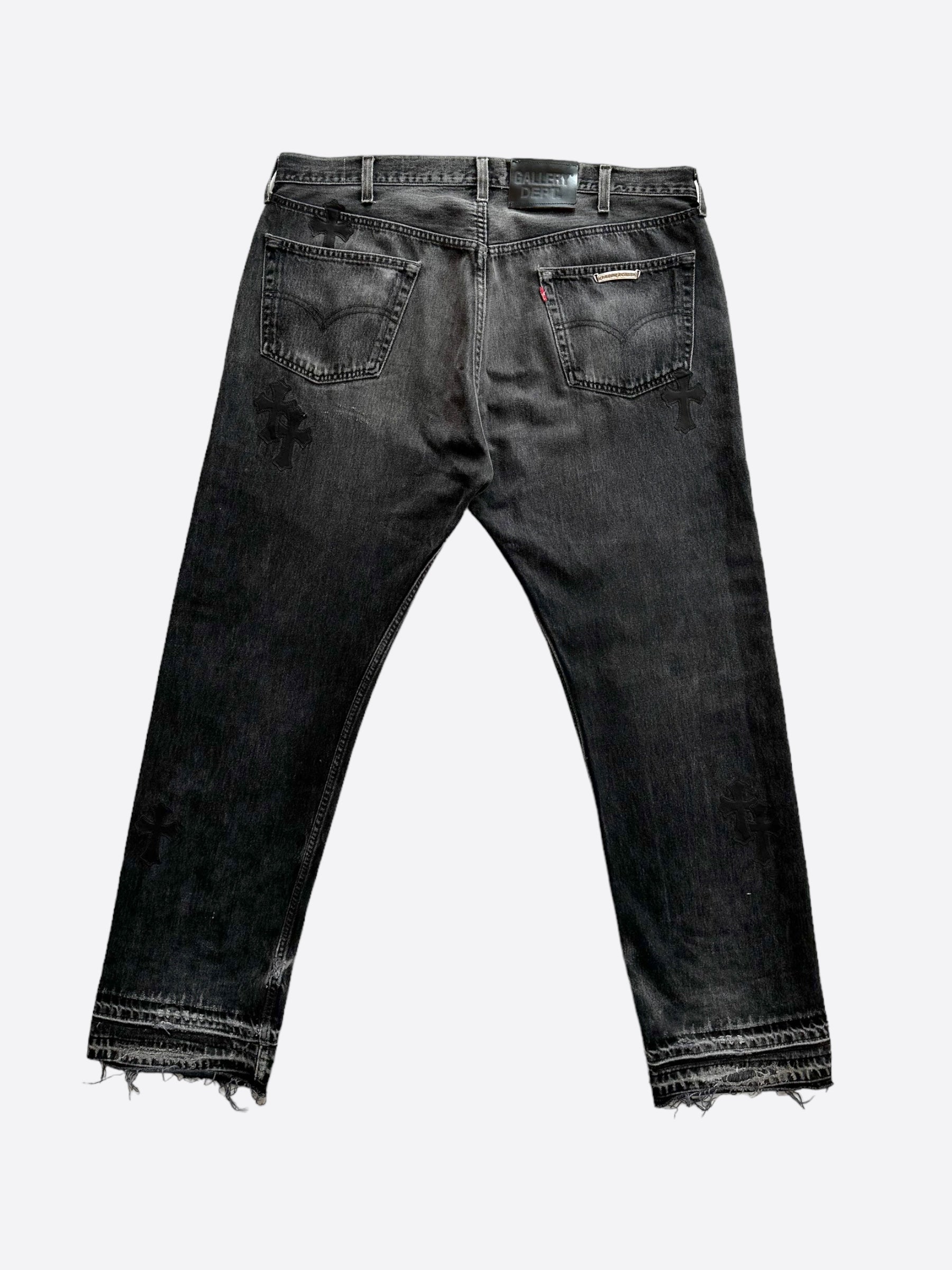 Chrome Hearts x Gallery Dept x Levis Grey & Black Cross Patch Distressed Jeans for Men - Vintage Denim Pants with Unique Design, Perfect for Streetwear & Casual Outfits