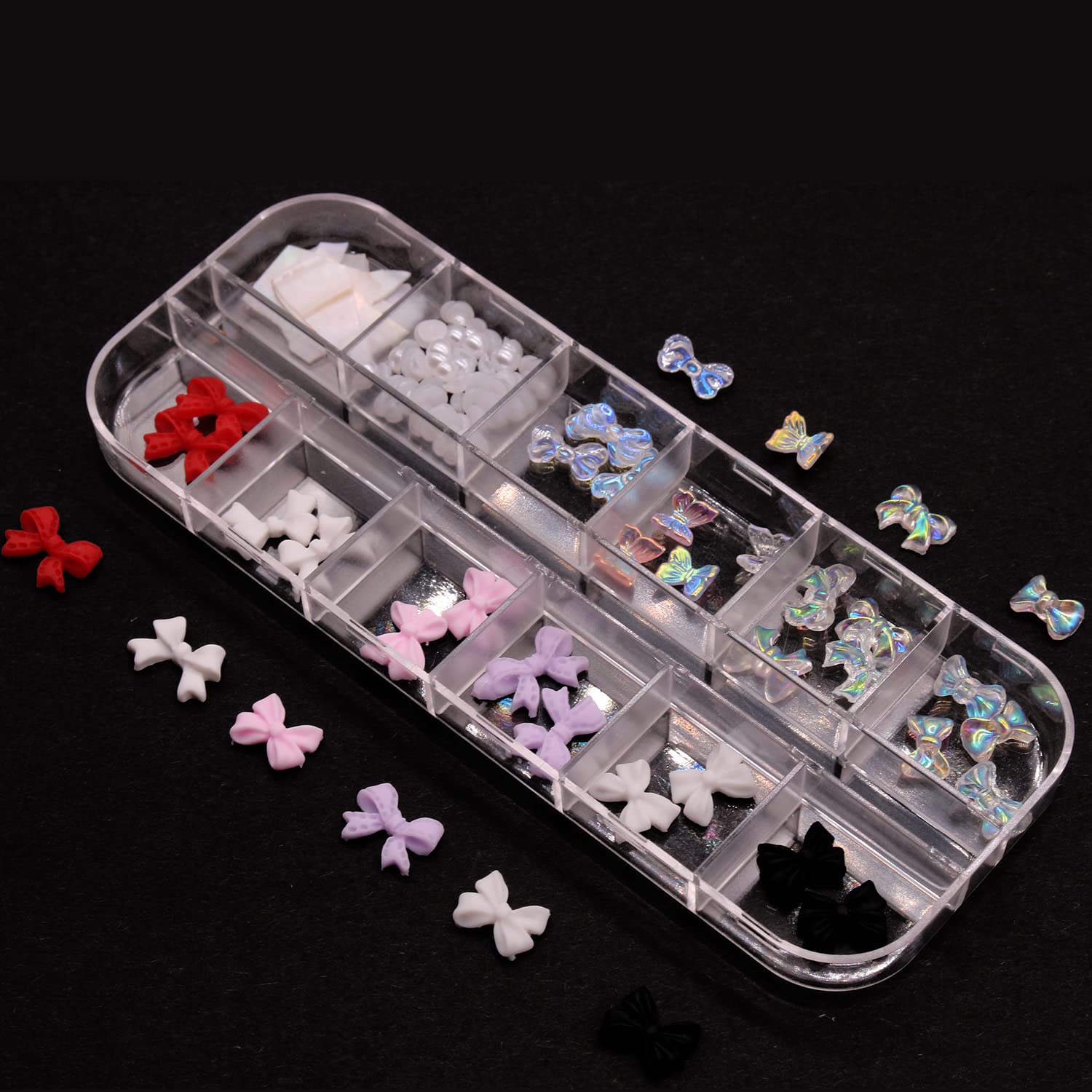 JERCLITY 3D Aurora Butterfly & Bow Nail Charms - 2 Boxes Nail Art Decorations with Pearls & Studs for Acrylic Nails - Perfect for Salon, DIY Manicure & Women's Nail Accessories - Great Gift for Girls & Teens