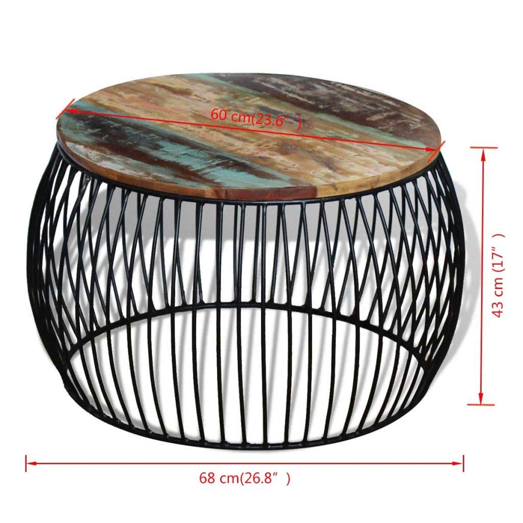 Handmade Reclaimed Wood Round Coffee Table with Iron Frame - Rustic End Side Table for Sofa & Couch - Perfect for Living Room, Lounge & Home Decor