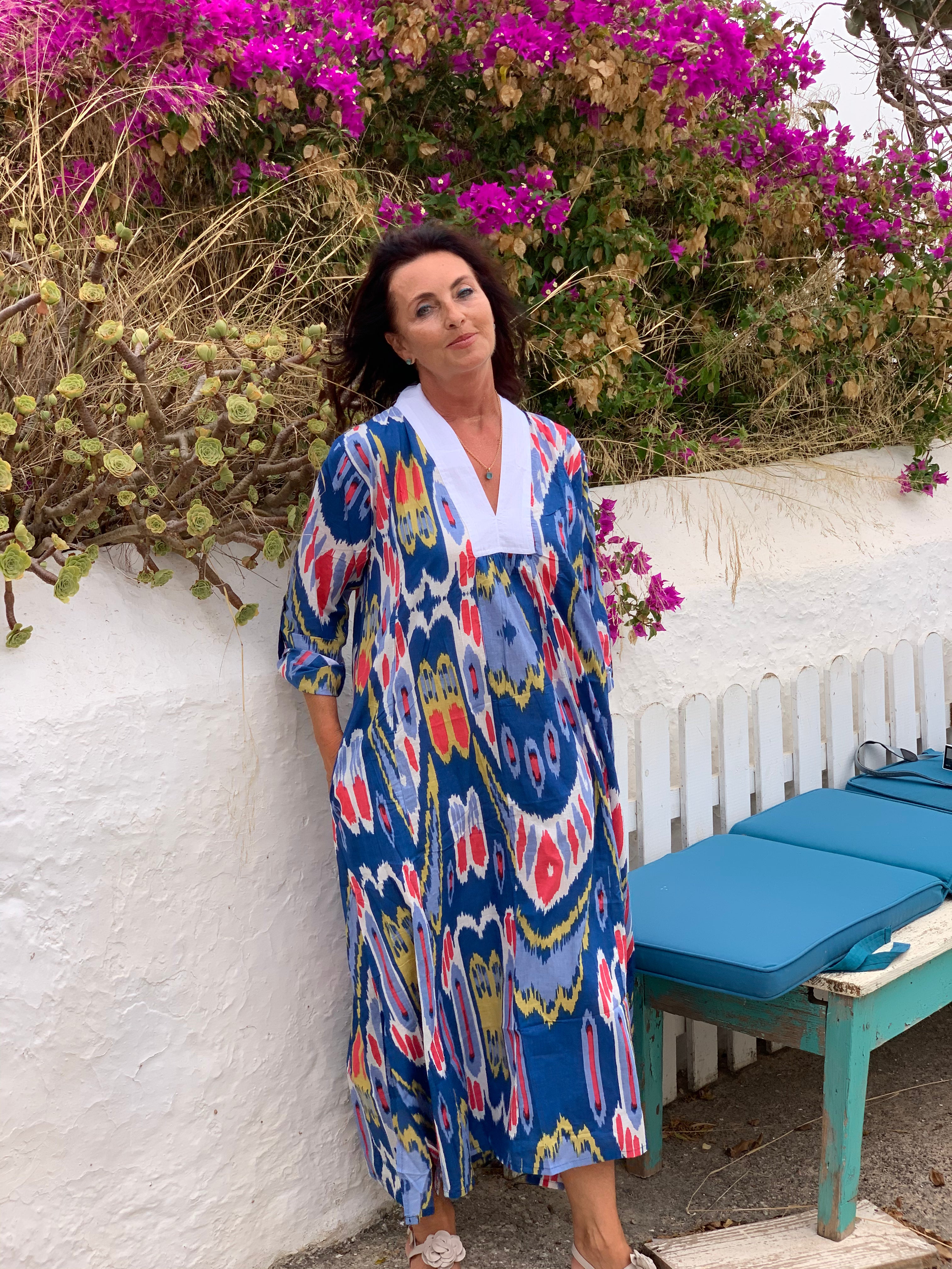Bohemian Ikat Blue and White Abstract Print Long Tunic - Stylish Loose Fit Boho Chic Top for Women, Perfect for Beach, Festivals & Casual Wear