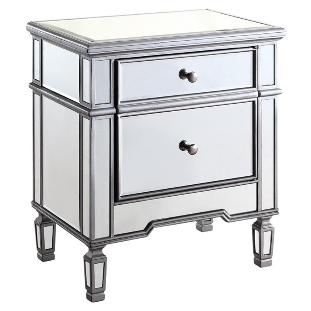 Beaumont Lane Silver Mirrored Nightstand with 1 Drawer & 1 Door - Elegant Bedside Cabinet for Bedroom Storage & Decor