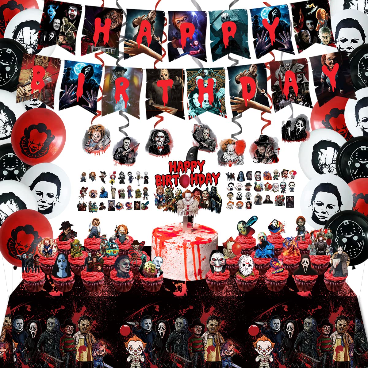 CAILESS 104Pcs Horror Movie Party Supplies Set - Halloween Decorations with Banner, Tablecloth, Cake Toppers, Balloons & Stickers for Scary Birthday Parties, Horror Themed Events & Haunted House Decor