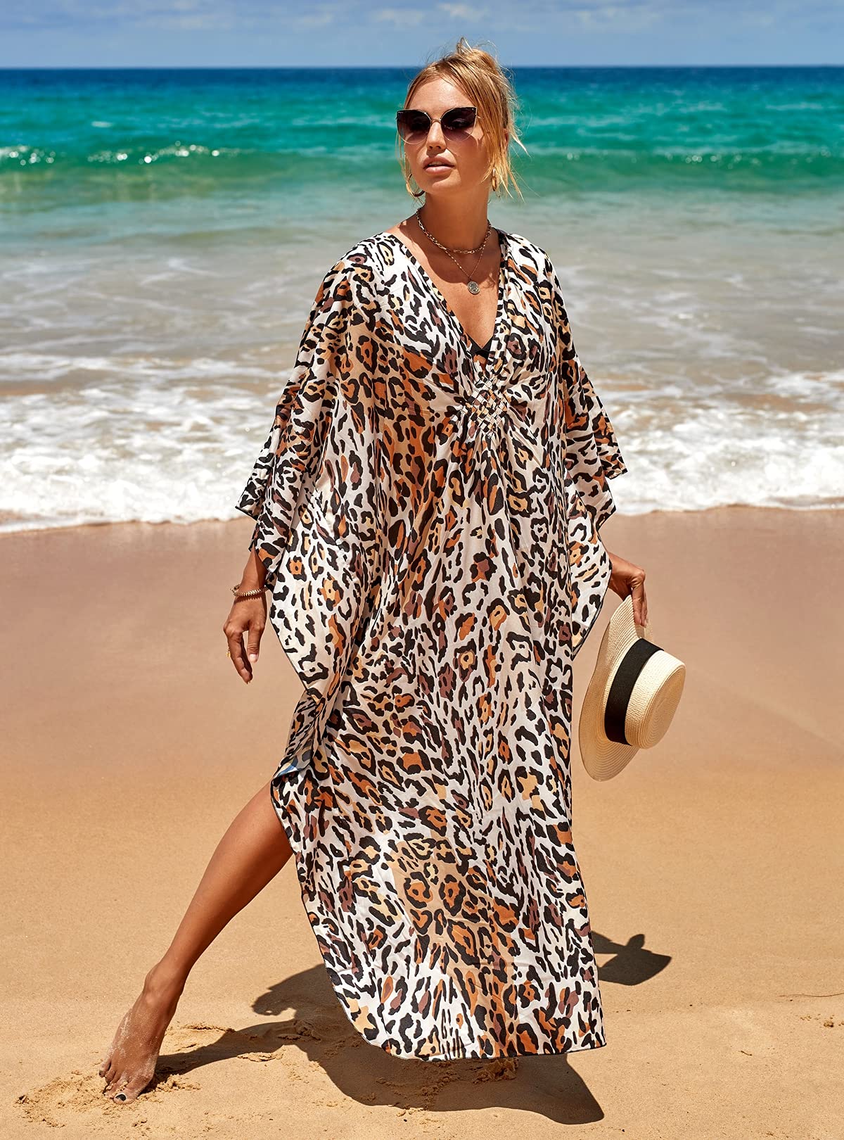 RanRui Women's Plus Size Floral Kaftan Dress with Wave Neck - Boho Chic Muumuu for Beach, Vacation & Lounge Wear