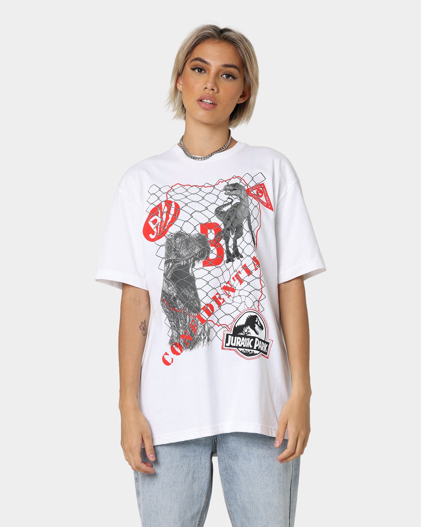 American Thrift Jurassic Park T-Shirt - White Cotton Tee with Dinosaur Print | Perfect for Movie Fans, Cosplay & Casual Wear