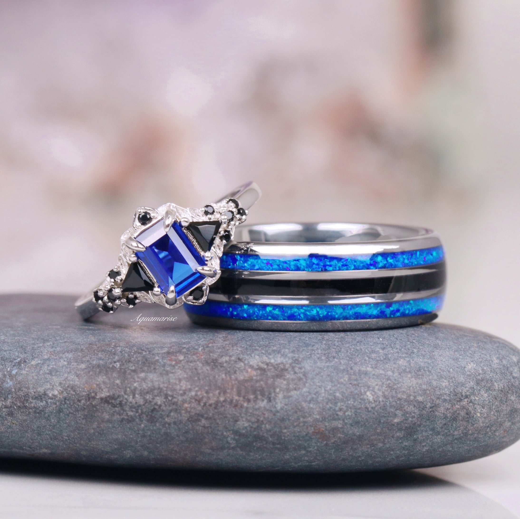Blue Sapphire & Black Onyx Leaf Engagement Ring - 925 Sterling Silver Wedding Band for Women, Nature-Inspired Jewelry Gift for Her, Perfect for Proposals, Anniversaries & Special Occasions