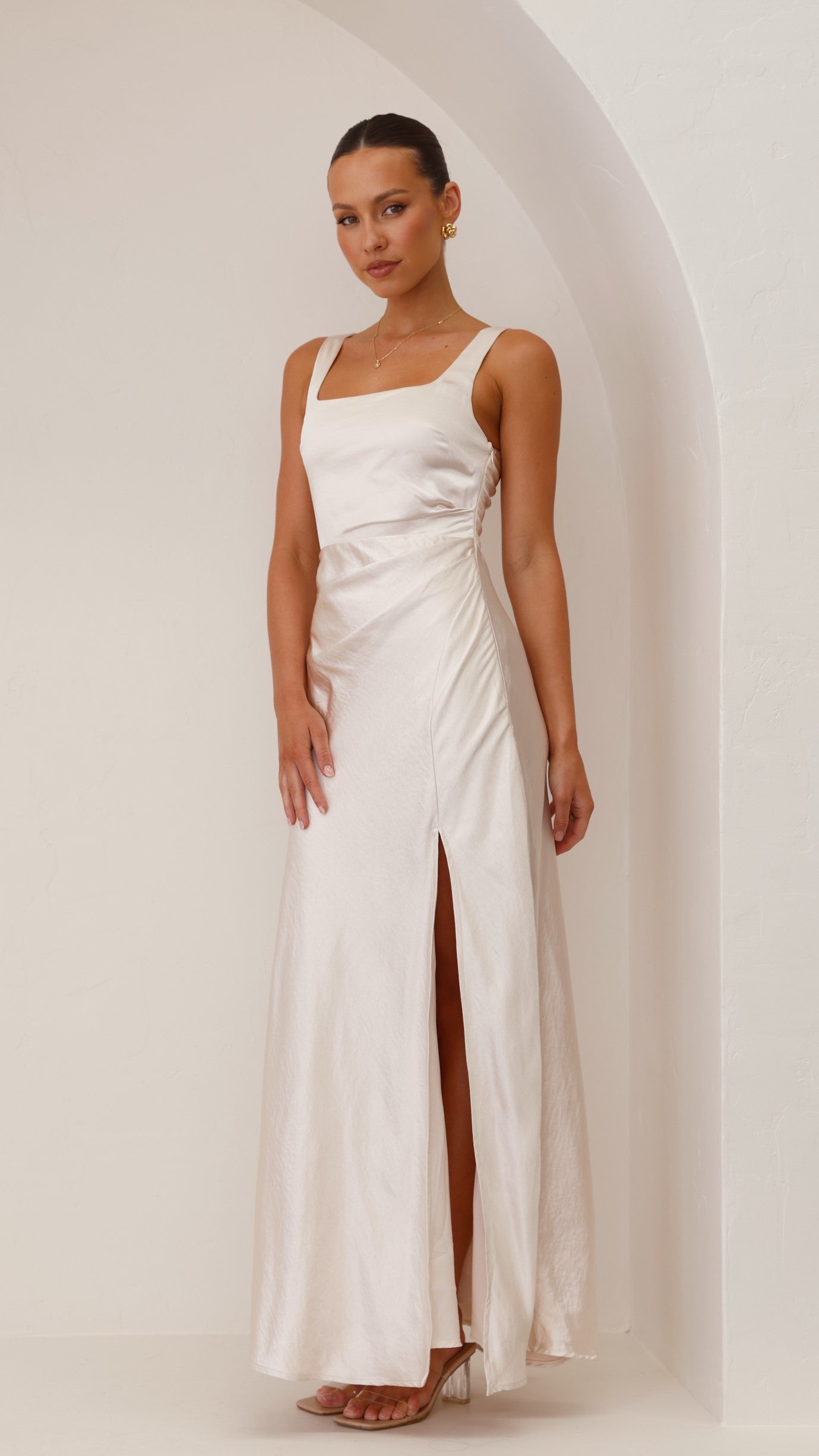Alaria Maxi Dress in Champagne - Elegant Long Flowy Summer Dress for Women | Perfect for Beach, Wedding, and Evening Occasions