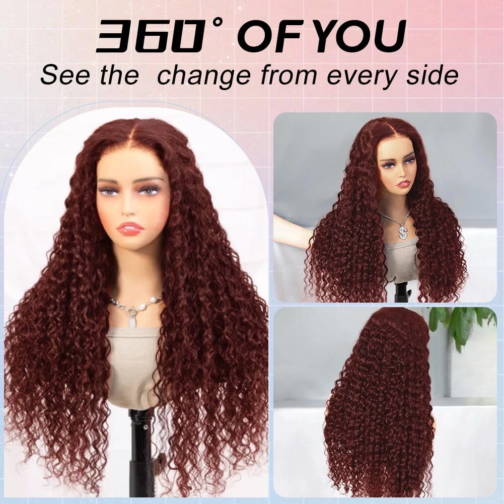 FABA Reddish Brown Glueless Human Hair Wig | Pre-Plucked & Pre-Cut Deep Wave 7x5 Closure | Wear & Go Invisible Knots | 180% Density Auburn Curly Wig for Women (18 Inch) | Perfect for Daily Wear, Parties & Special Occasions